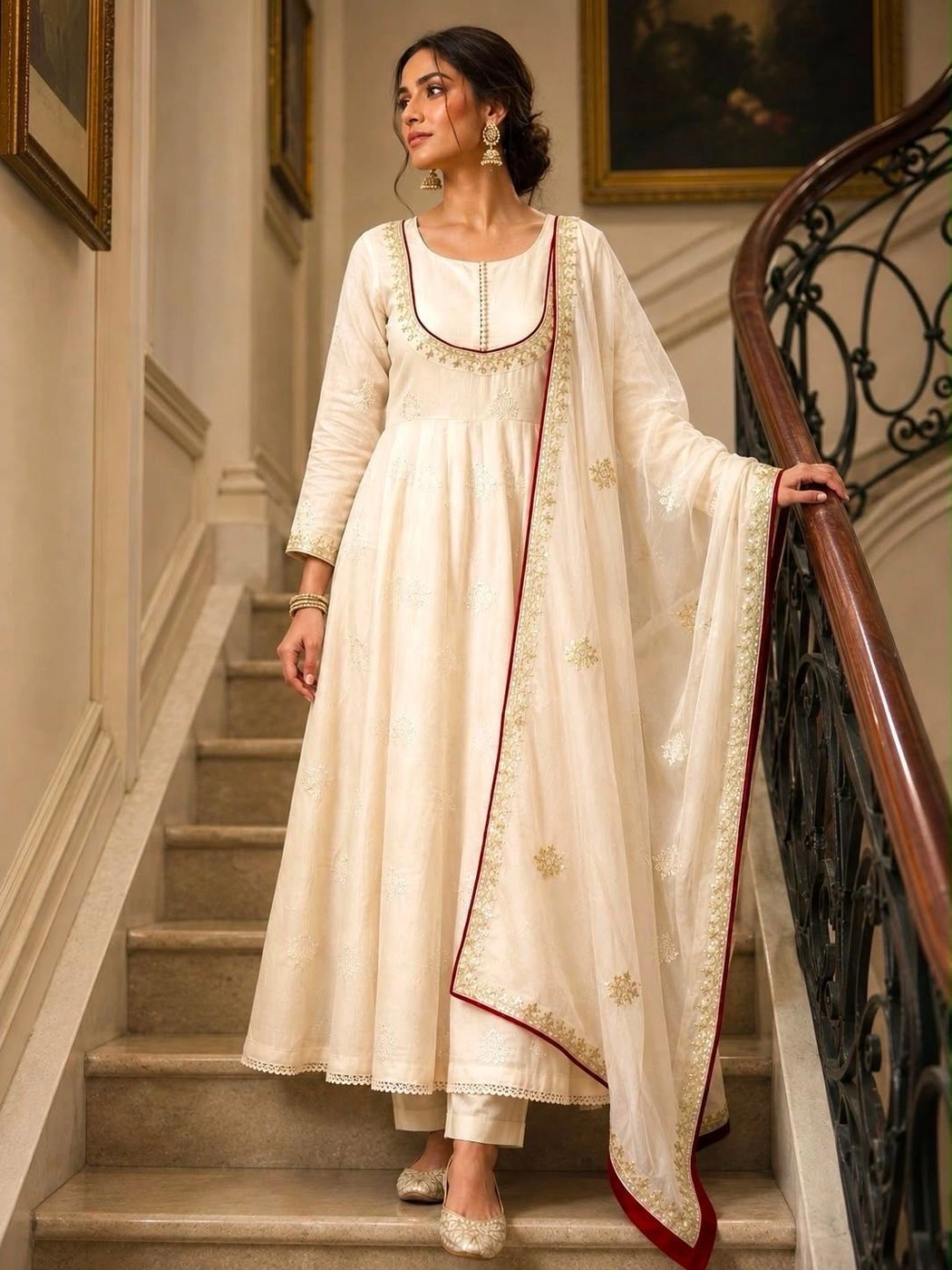 Off-White & Maroon Embroidered Anarkali Kurta Set for Women | Silk Blend Flared Anarkali Suit with Dupatta & Pant Set for Festival, Wedding & Haldi⁠ 1