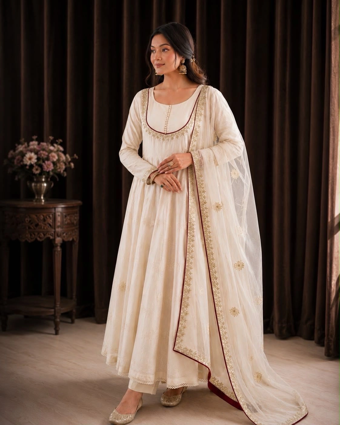 Off-White & Maroon Embroidered Anarkali Kurta Set for Women | Silk Blend Flared Anarkali Suit with Dupatta & Pant Set for Festival, Wedding & Haldi⁠ 2