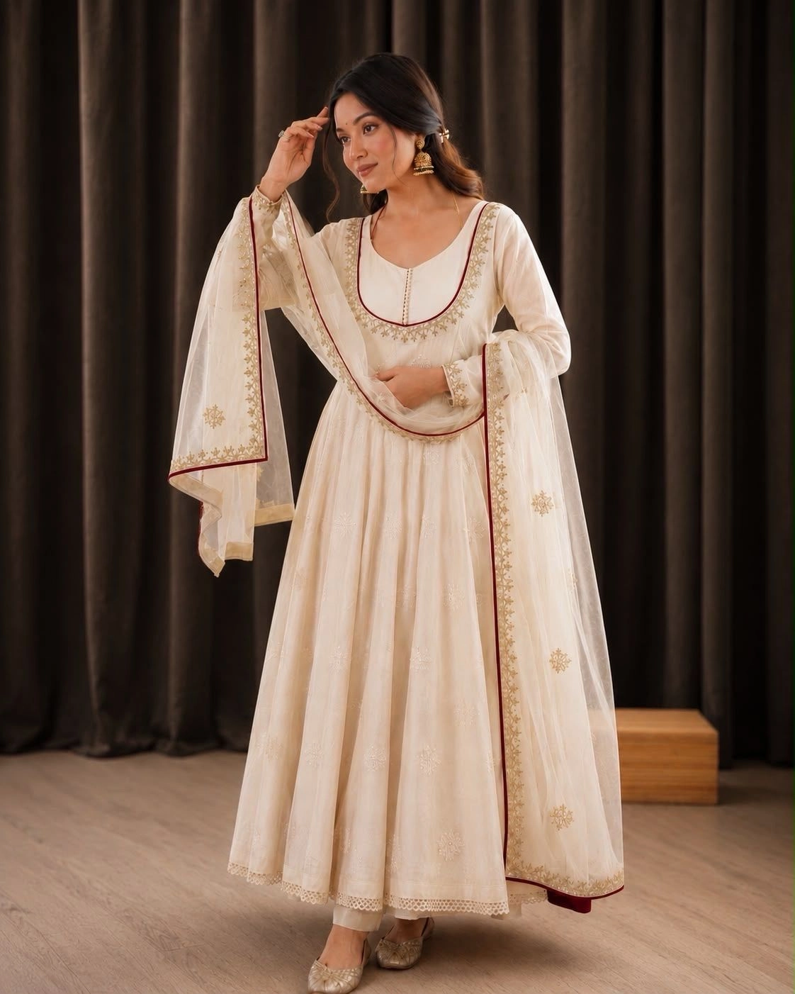 Off-White & Maroon Embroidered Anarkali Kurta Set for Women | Silk Blend Flared Anarkali Suit with Dupatta & Pant Set for Festival, Wedding & Haldi⁠ 4