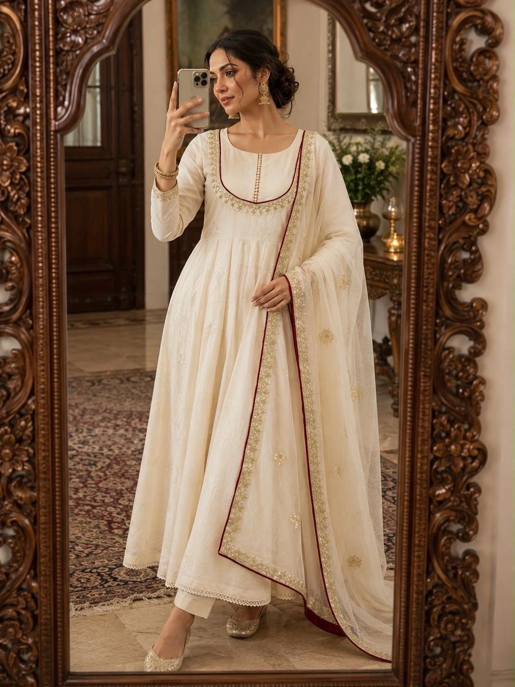 Off-White & Maroon Embroidered Anarkali Kurta Set for Women | Silk Blend Flared Anarkali Suit with Dupatta & Pant Set for Festival, Wedding & Haldi⁠ 5