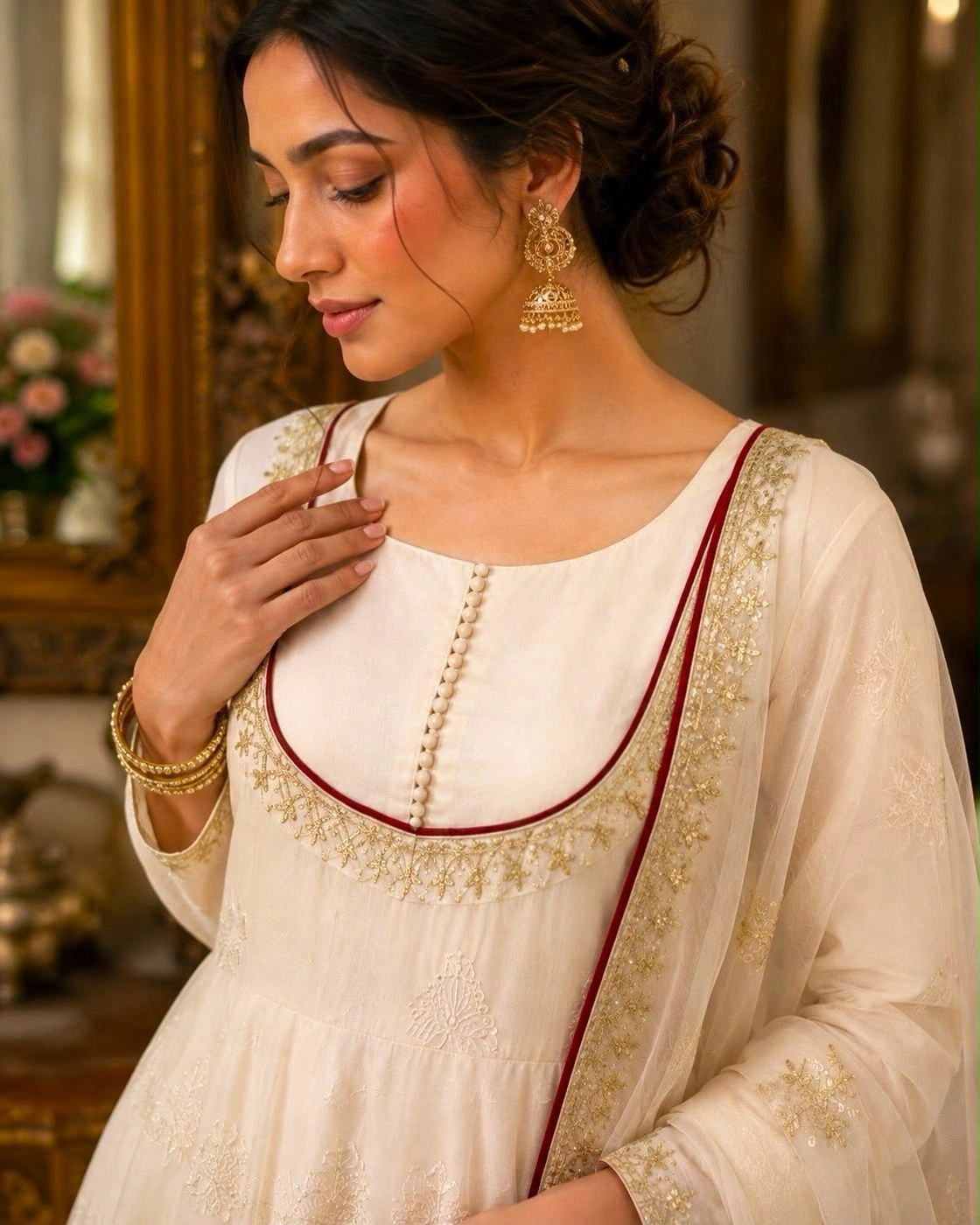 Off-White & Maroon Embroidered Anarkali Kurta Set for Women | Silk Blend Flared Anarkali Suit with Dupatta & Pant Set for Festival, Wedding & Haldi⁠ 6