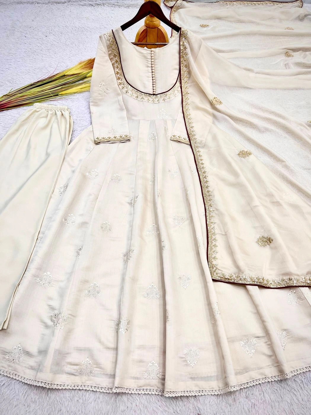 Off-White & Maroon Embroidered Anarkali Kurta Set for Women | Silk Blend Flared Anarkali Suit with Dupatta & Pant Set for Festival, Wedding & Haldi⁠ 7