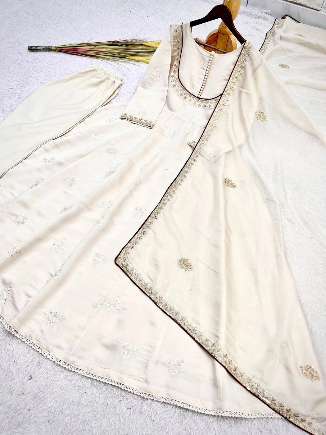Off-White & Maroon Embroidered Anarkali Kurta Set for Women | Silk Blend Flared Anarkali Suit with Dupatta & Pant Set for Festival, Wedding & Haldi⁠ 8