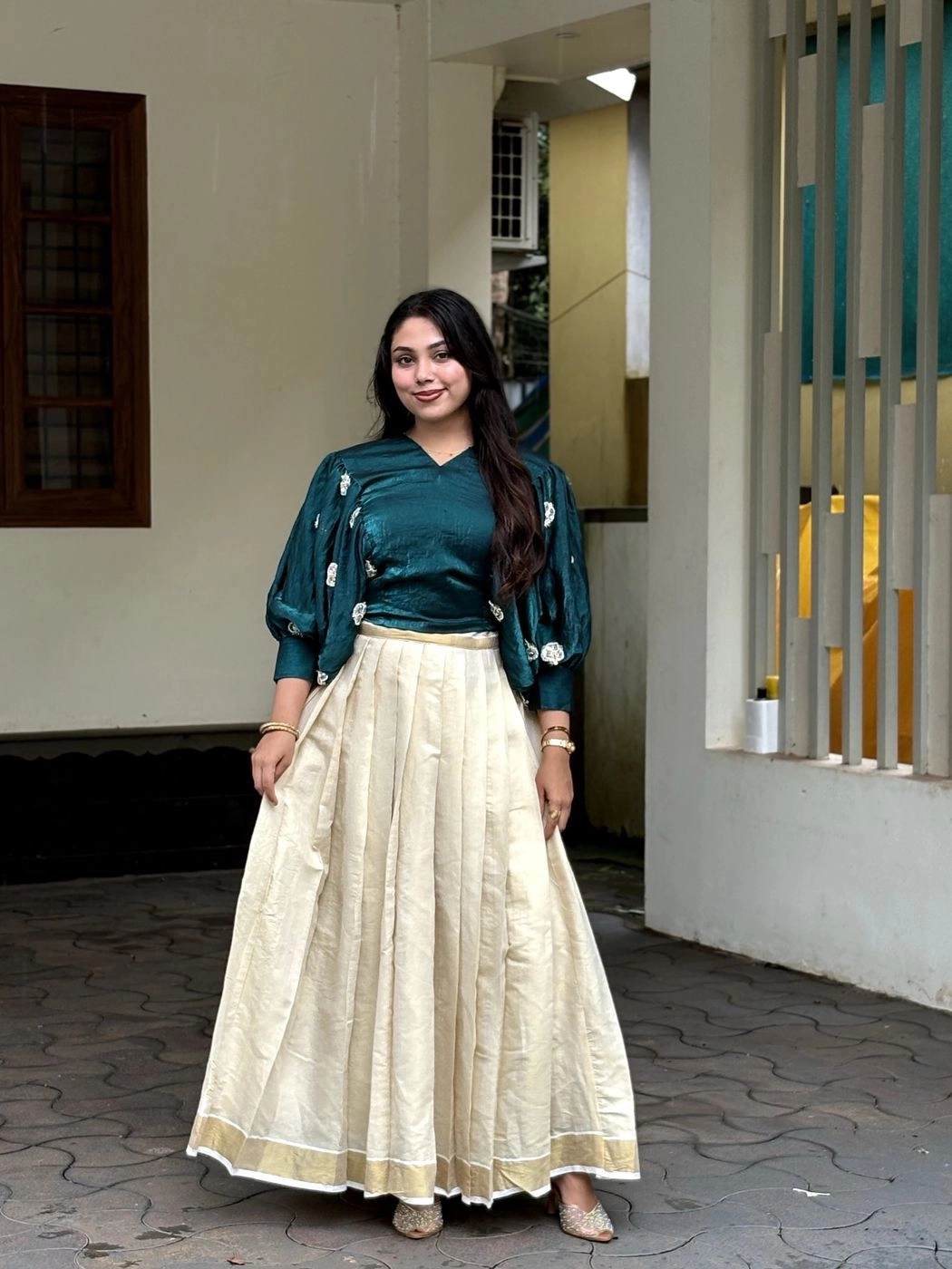 Ethnic South Indian Tissue Silk Lehenga Choli Set for Women | V-Neck Crop Top Blouse with Floral Embroidery & Cream Zari Border Pleated Skirt⁠ 1