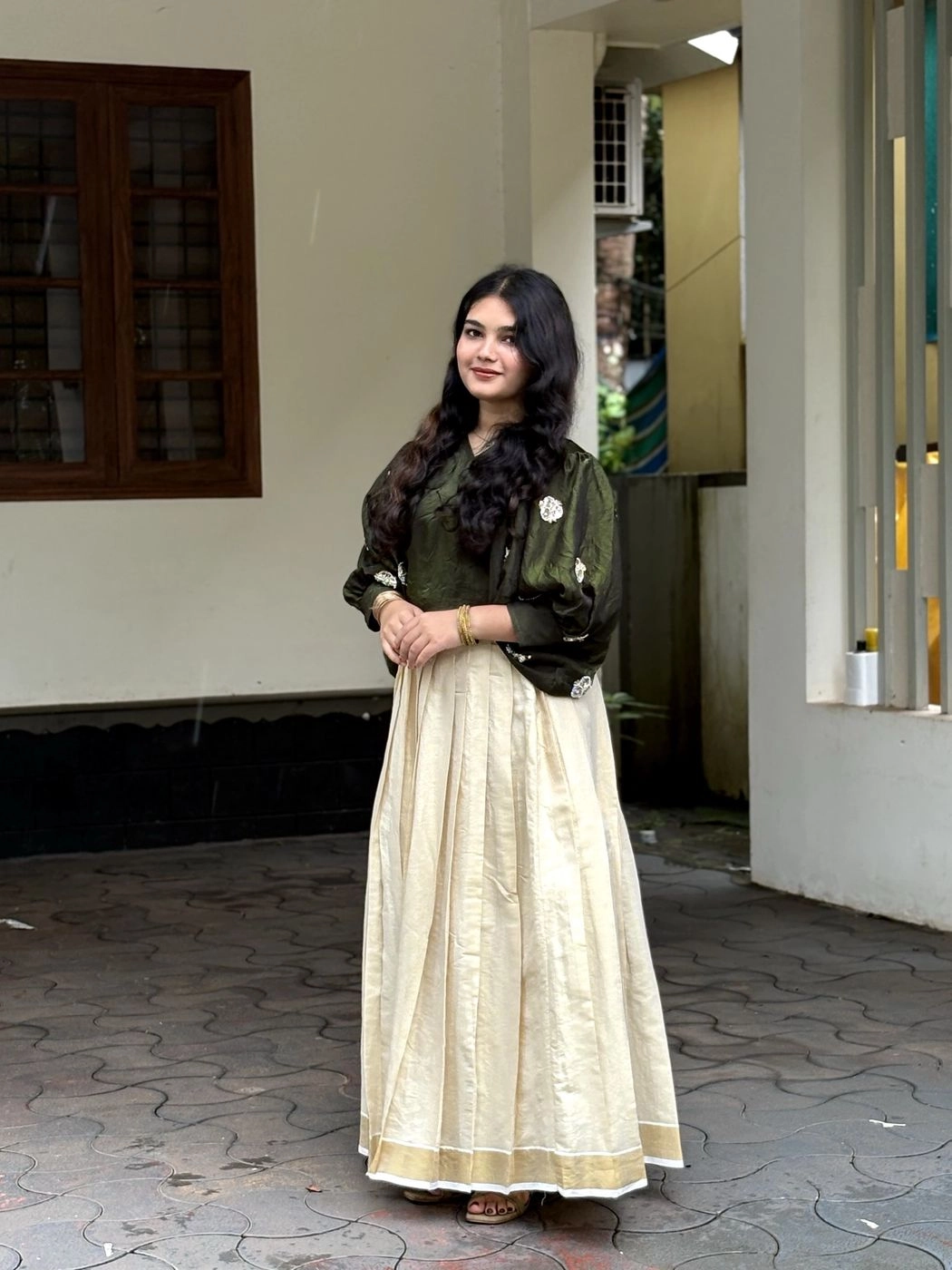Ethnic South Indian Tissue Silk Lehenga Choli Set for Women | V-Neck Crop Top Blouse with Floral Embroidery & Cream Zari Border Pleated Skirt⁠ 2