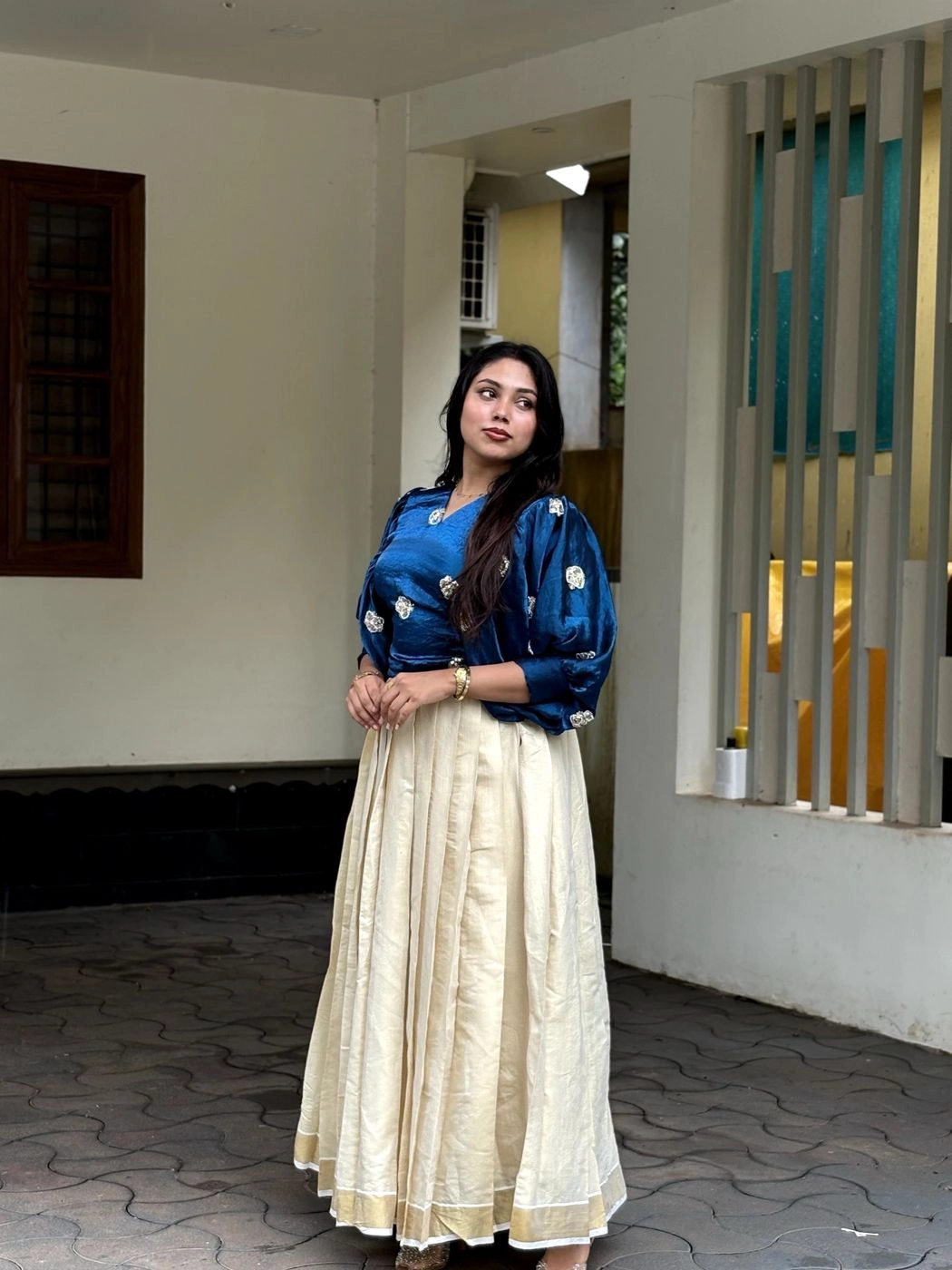 Ethnic South Indian Tissue Silk Lehenga Choli Set for Women | V-Neck Crop Top Blouse with Floral Embroidery & Cream Zari Border Pleated Skirt⁠ 3