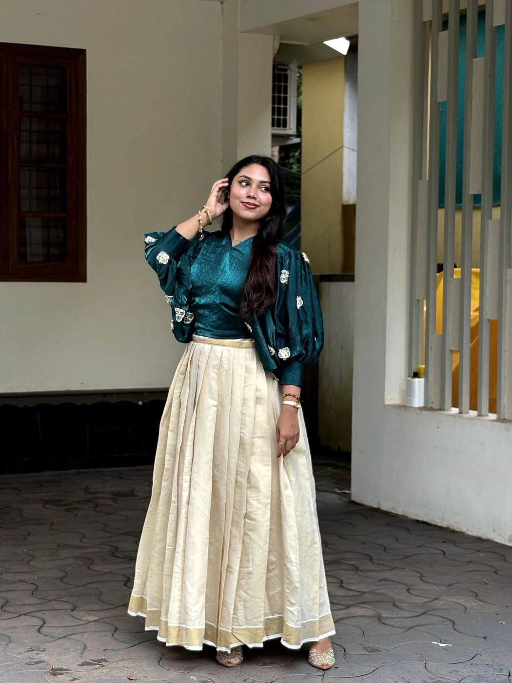 Ethnic South Indian Tissue Silk Lehenga Choli Set for Women | V-Neck Crop Top Blouse with Floral Embroidery & Cream Zari Border Pleated Skirt⁠ 4