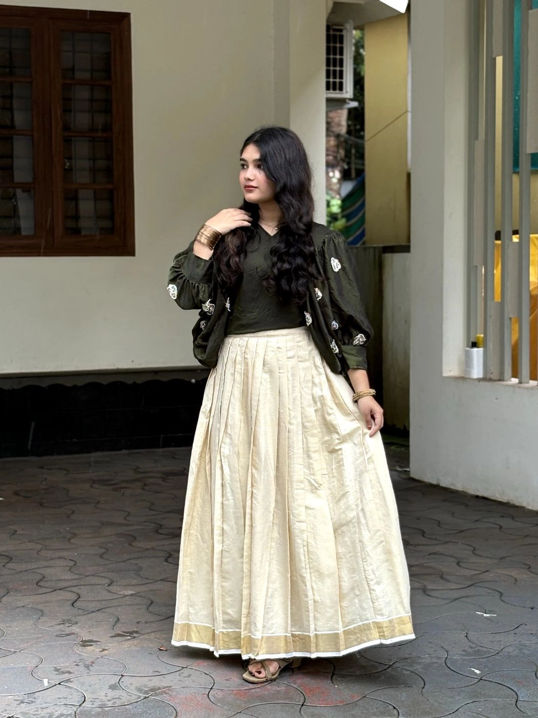 Ethnic South Indian Tissue Silk Lehenga Choli Set for Women | V-Neck Crop Top Blouse with Floral Embroidery & Cream Zari Border Pleated Skirt⁠ 5