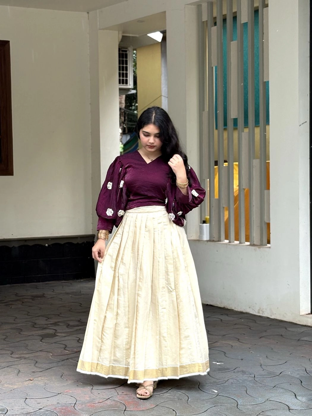 Ethnic South Indian Tissue Silk Lehenga Choli Set for Women | V-Neck Crop Top Blouse with Floral Embroidery & Cream Zari Border Pleated Skirt⁠ 6