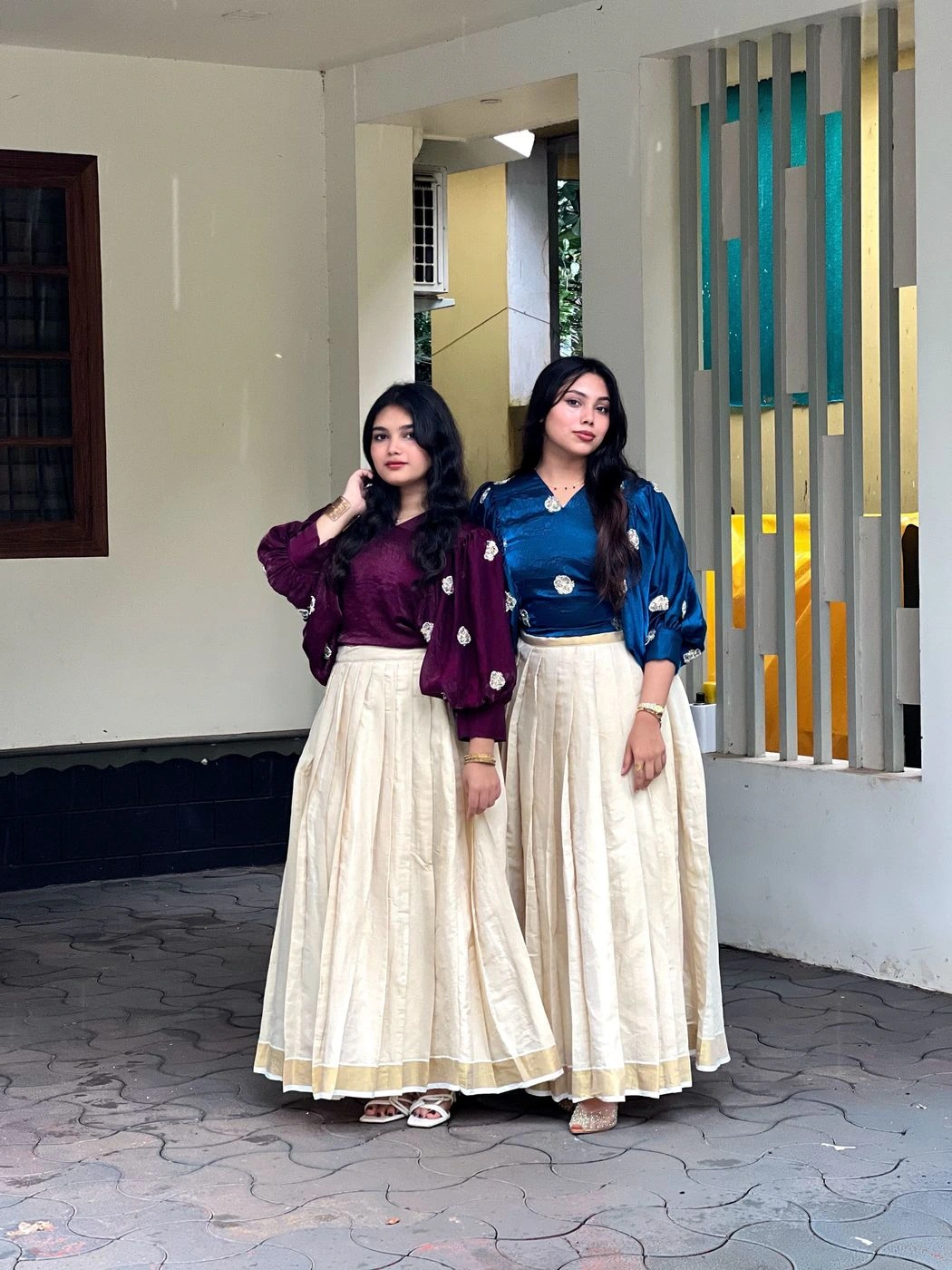 Ethnic South Indian Tissue Silk Lehenga Choli Set for Women | V-Neck Crop Top Blouse with Floral Embroidery & Cream Zari Border Pleated Skirt⁠ 7