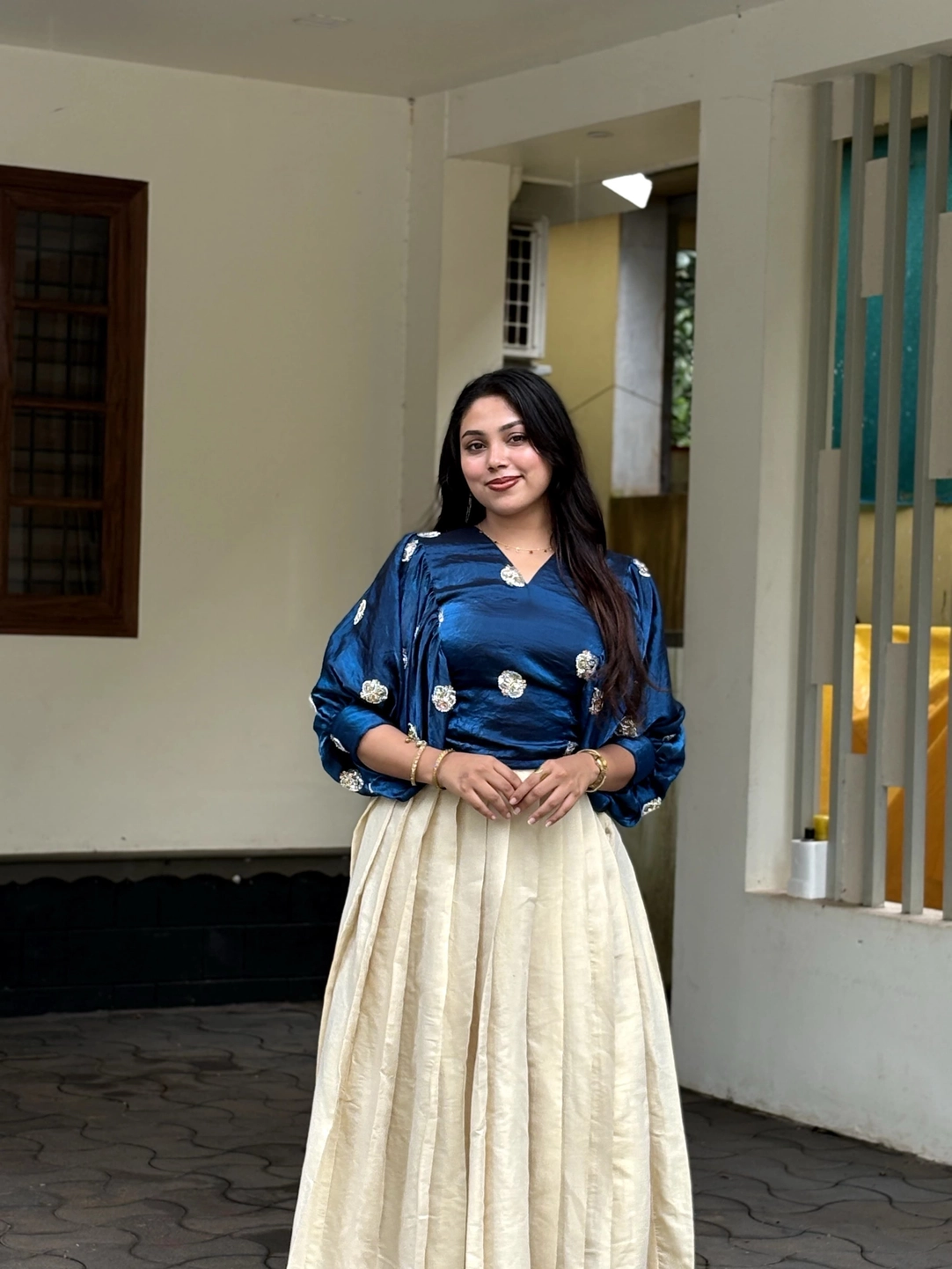 Ethnic South Indian Tissue Silk Lehenga Choli Set for Women | V-Neck Crop Top Blouse with Floral Embroidery & Cream Zari Border Pleated Skirt⁠ 10