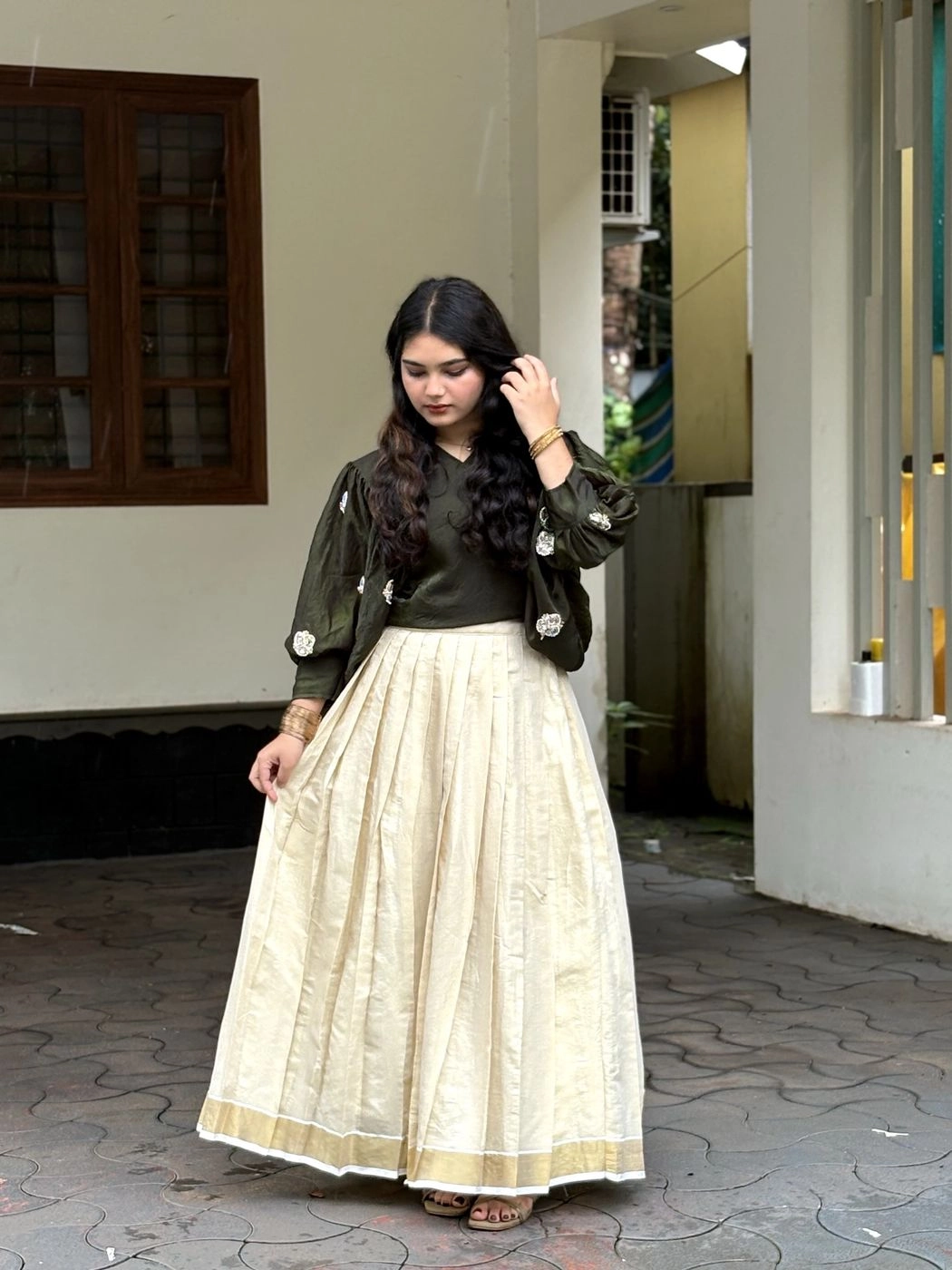 Ethnic South Indian Tissue Silk Lehenga Choli Set for Women | V-Neck Crop Top Blouse with Floral Embroidery & Cream Zari Border Pleated Skirt⁠ 11