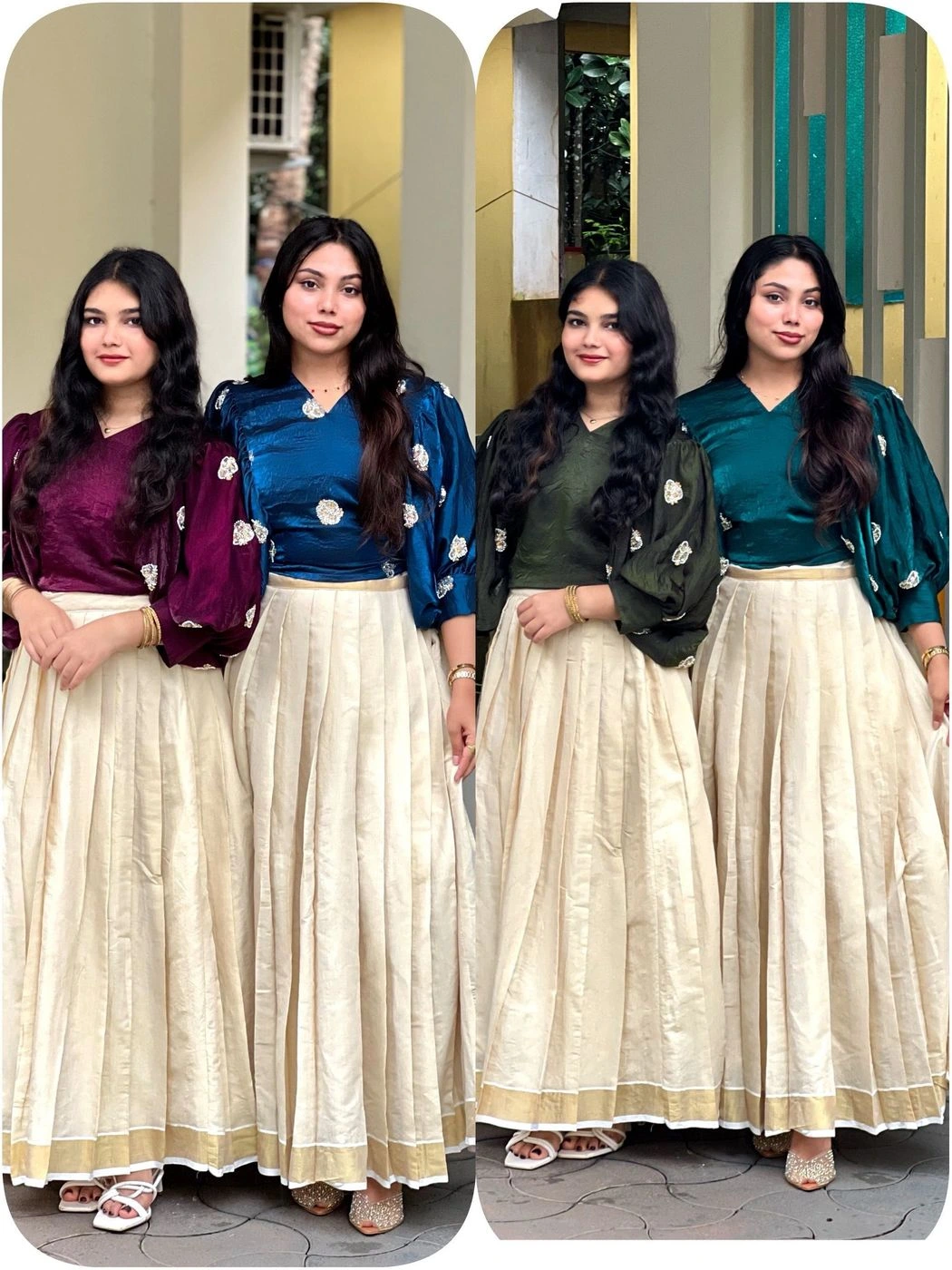 Ethnic South Indian Tissue Silk Lehenga Choli Set for Women | V-Neck Crop Top Blouse with Floral Embroidery & Cream Zari Border Pleated Skirt⁠ 12