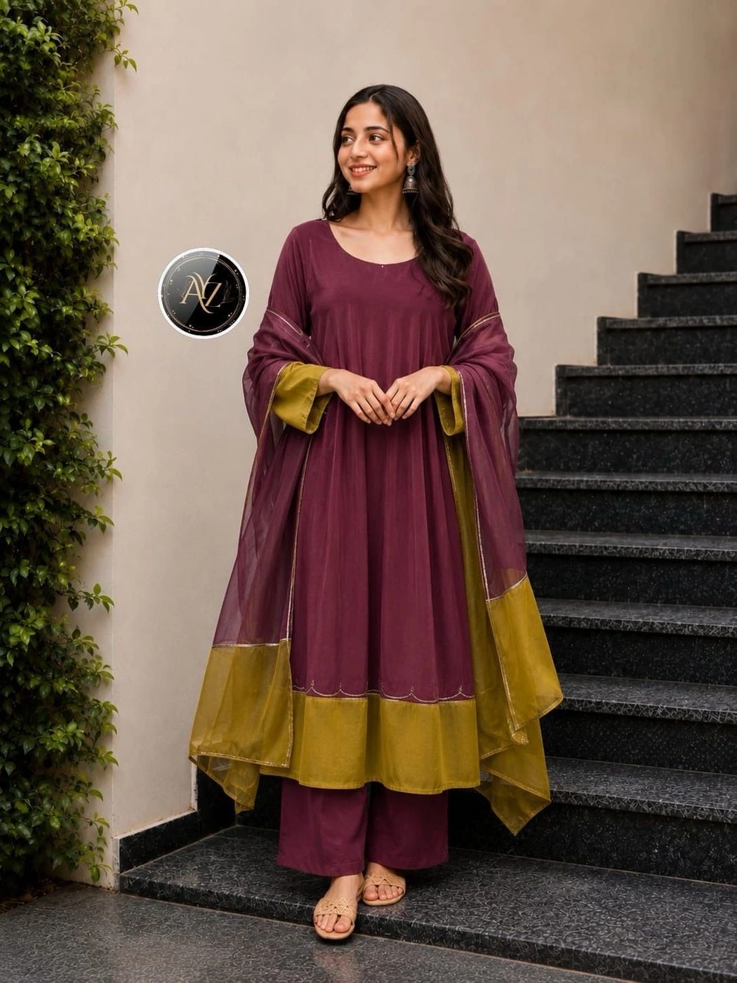 Solid Color Contrast Border Anarkali Kurta Set for Women | Cotton Silk Flared Anarkali Suit with Scallop Embroidery & Matching Dupatta Set for Festive & Casual Wear⁠ 1