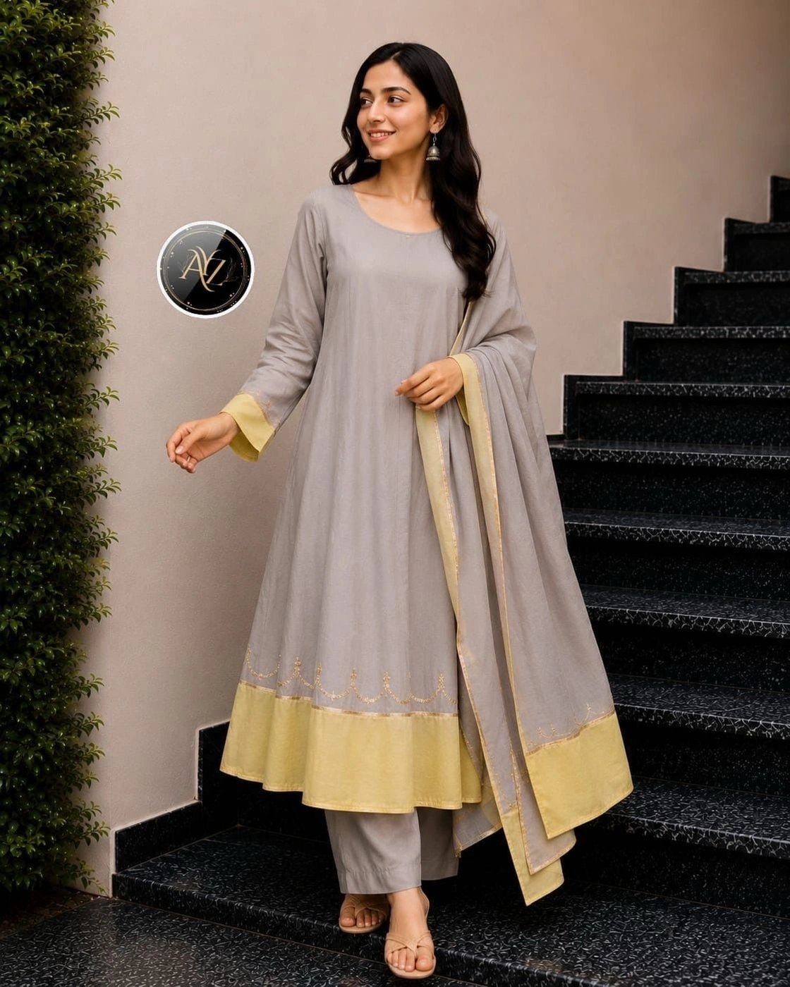 Solid Color Contrast Border Anarkali Kurta Set for Women | Cotton Silk Flared Anarkali Suit with Scallop Embroidery & Matching Dupatta Set for Festive & Casual Wear⁠ 2