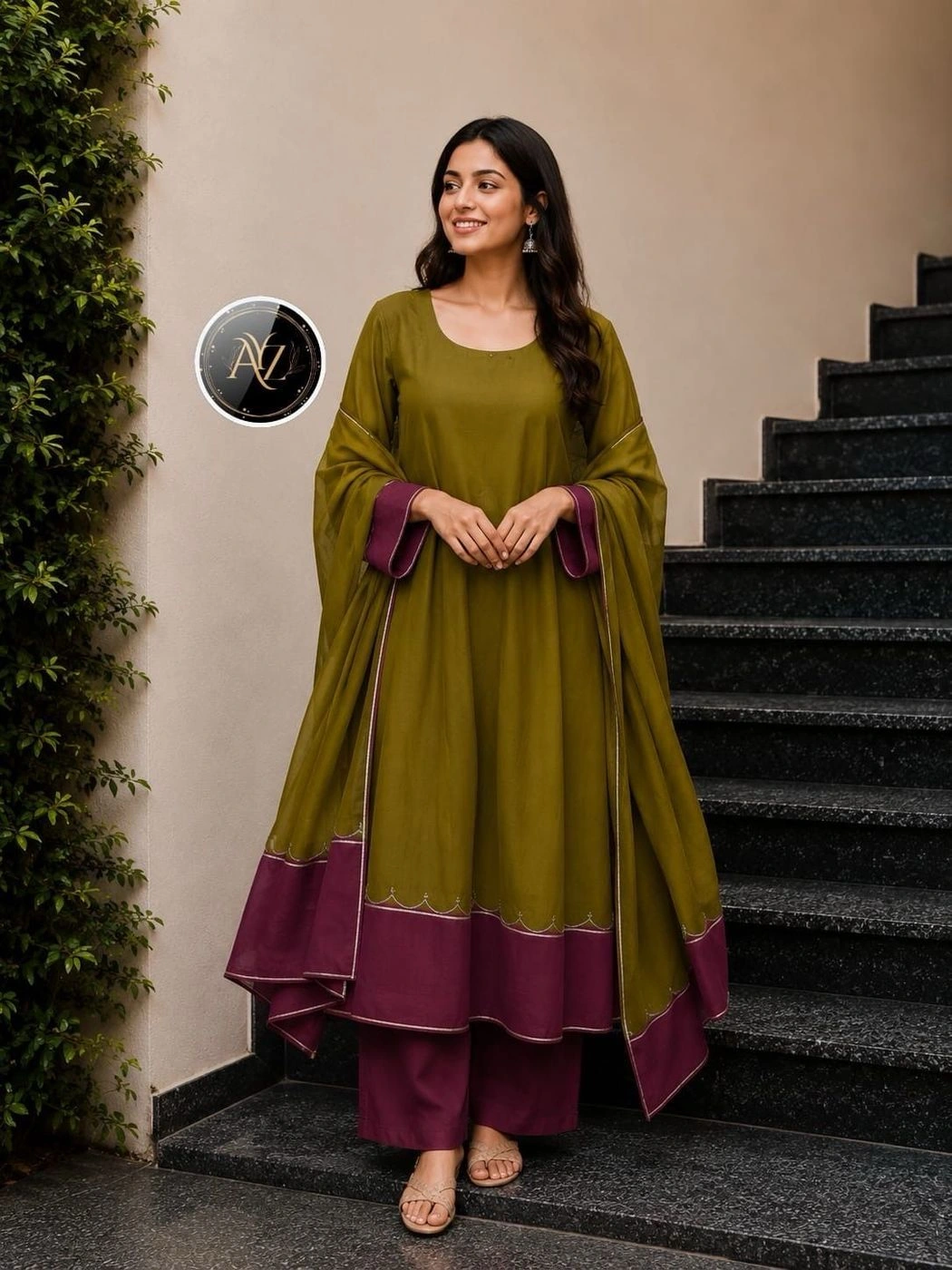 Solid Color Contrast Border Anarkali Kurta Set for Women | Cotton Silk Flared Anarkali Suit with Scallop Embroidery & Matching Dupatta Set for Festive & Casual Wear⁠ 3