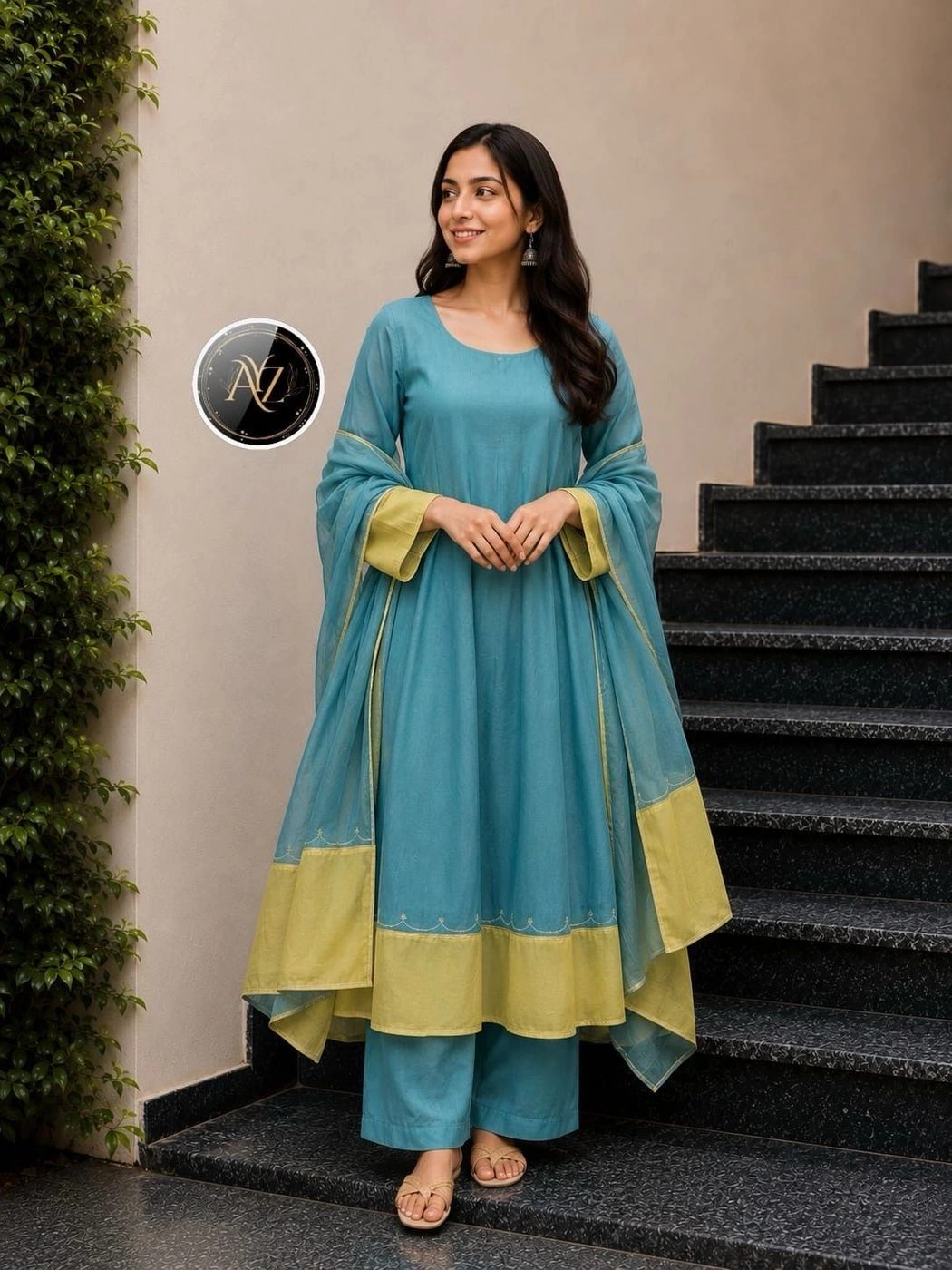 Solid Color Contrast Border Anarkali Kurta Set for Women | Cotton Silk Flared Anarkali Suit with Scallop Embroidery & Matching Dupatta Set for Festive & Casual Wear⁠ 4