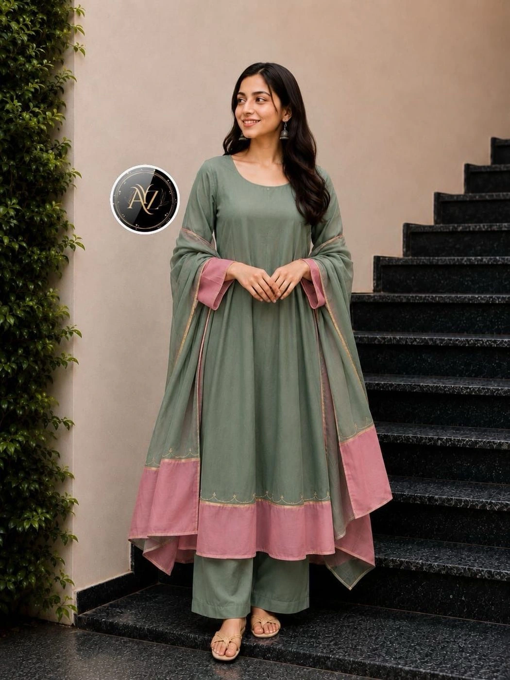 Solid Color Contrast Border Anarkali Kurta Set for Women | Cotton Silk Flared Anarkali Suit with Scallop Embroidery & Matching Dupatta Set for Festive & Casual Wear⁠ 5