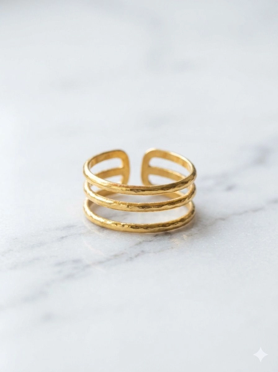 Triple Band Gold Hammered Ring.