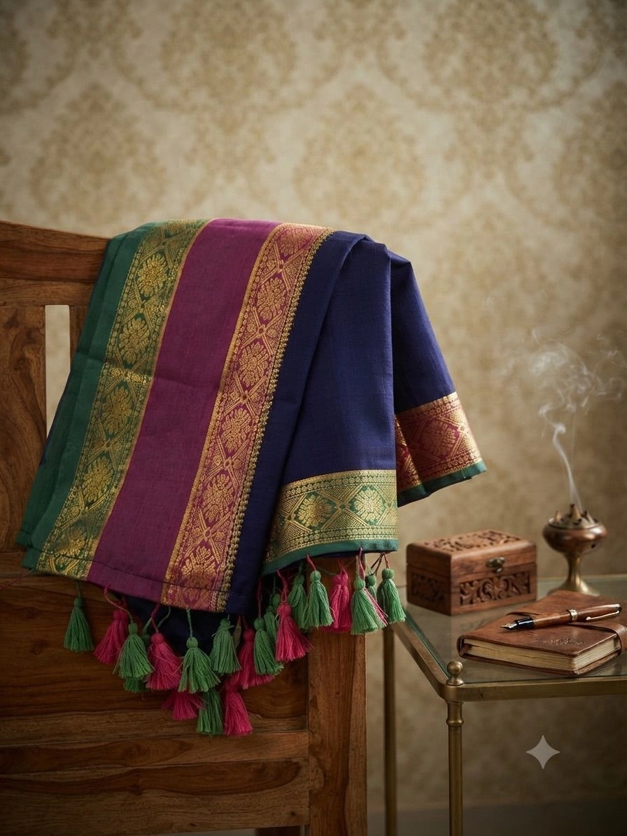 Navy Blue Magenta Mulcotton Kerala Kasavu Style Saree