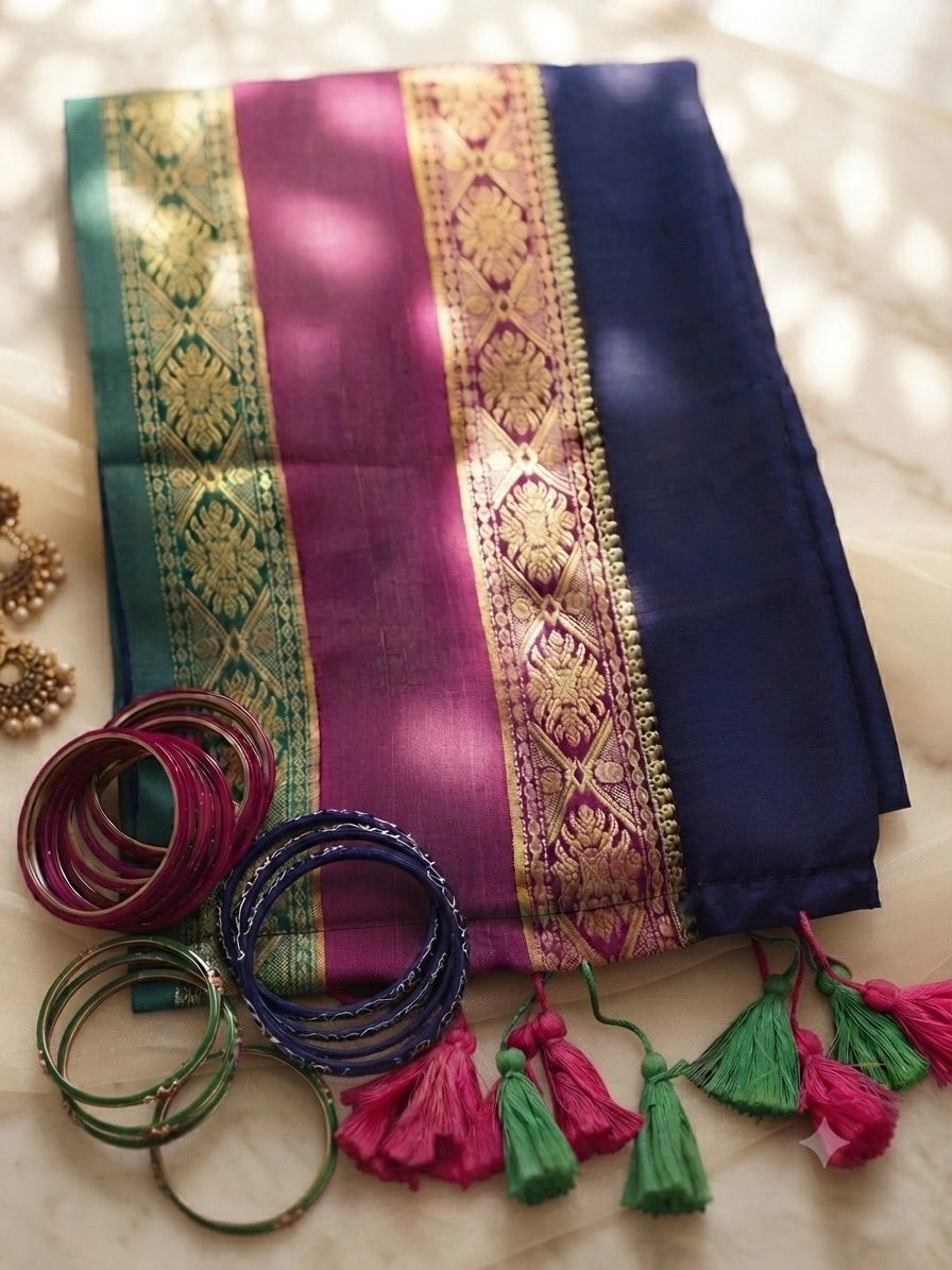 Navy Blue Magenta Mulcotton Kerala Kasavu Style Saree