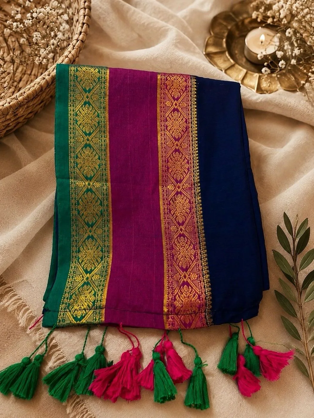 Navy Blue Magenta Mulcotton Kerala Kasavu Style Saree 3