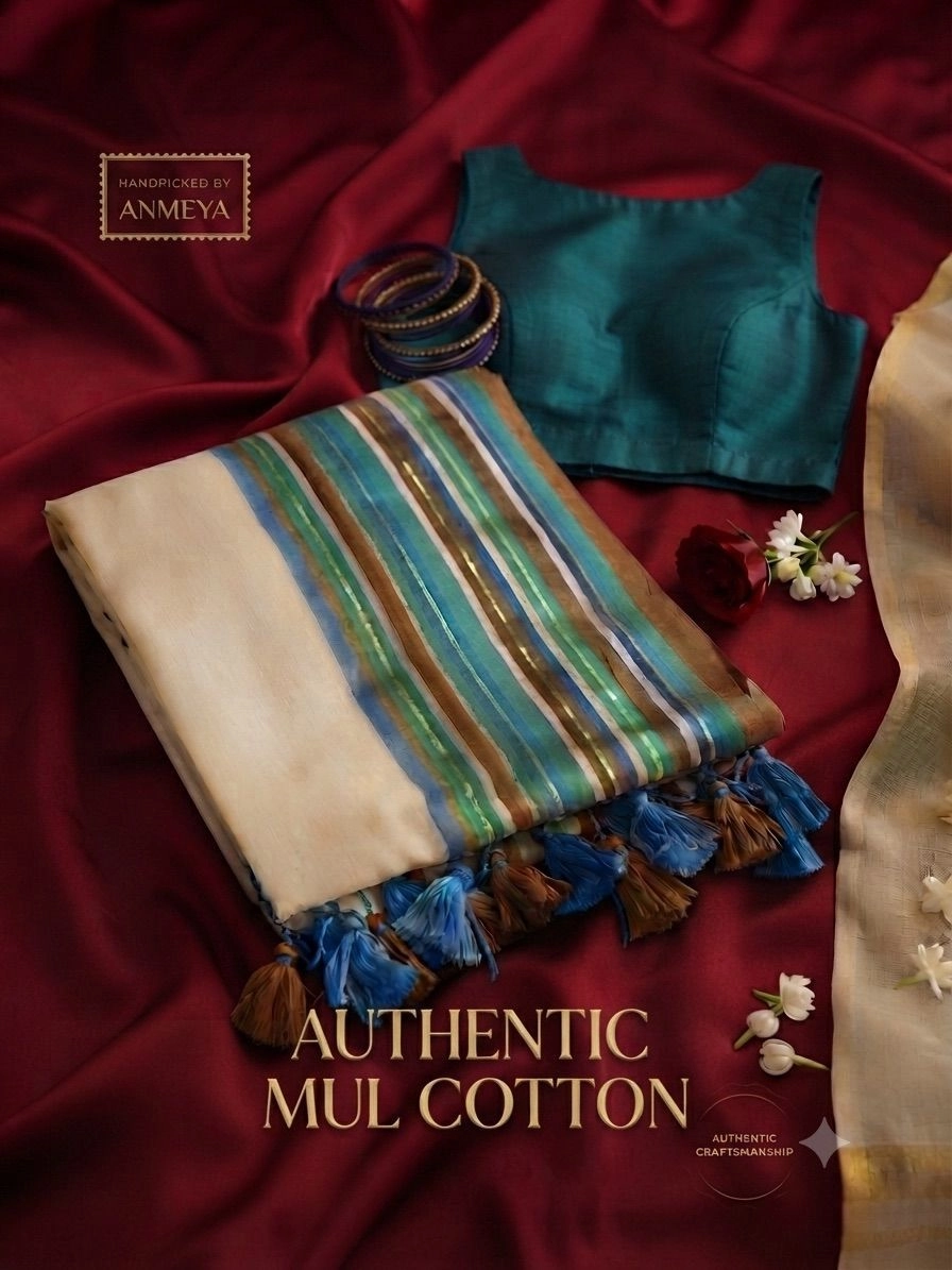 Sky Blue Striped Mulcotton Kerala Saree with Tassels ⭐