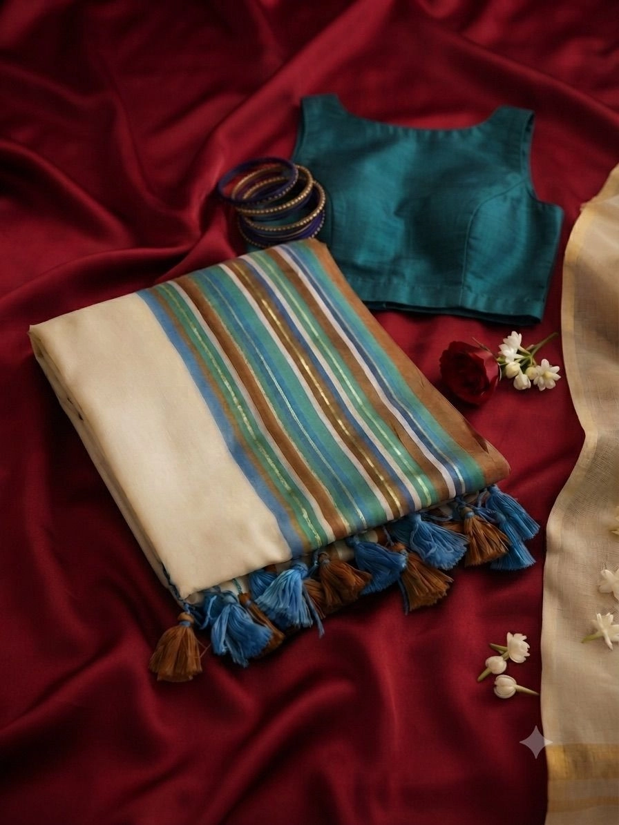 Sky Blue Striped Mulcotton Kerala Saree with Tassels ⭐