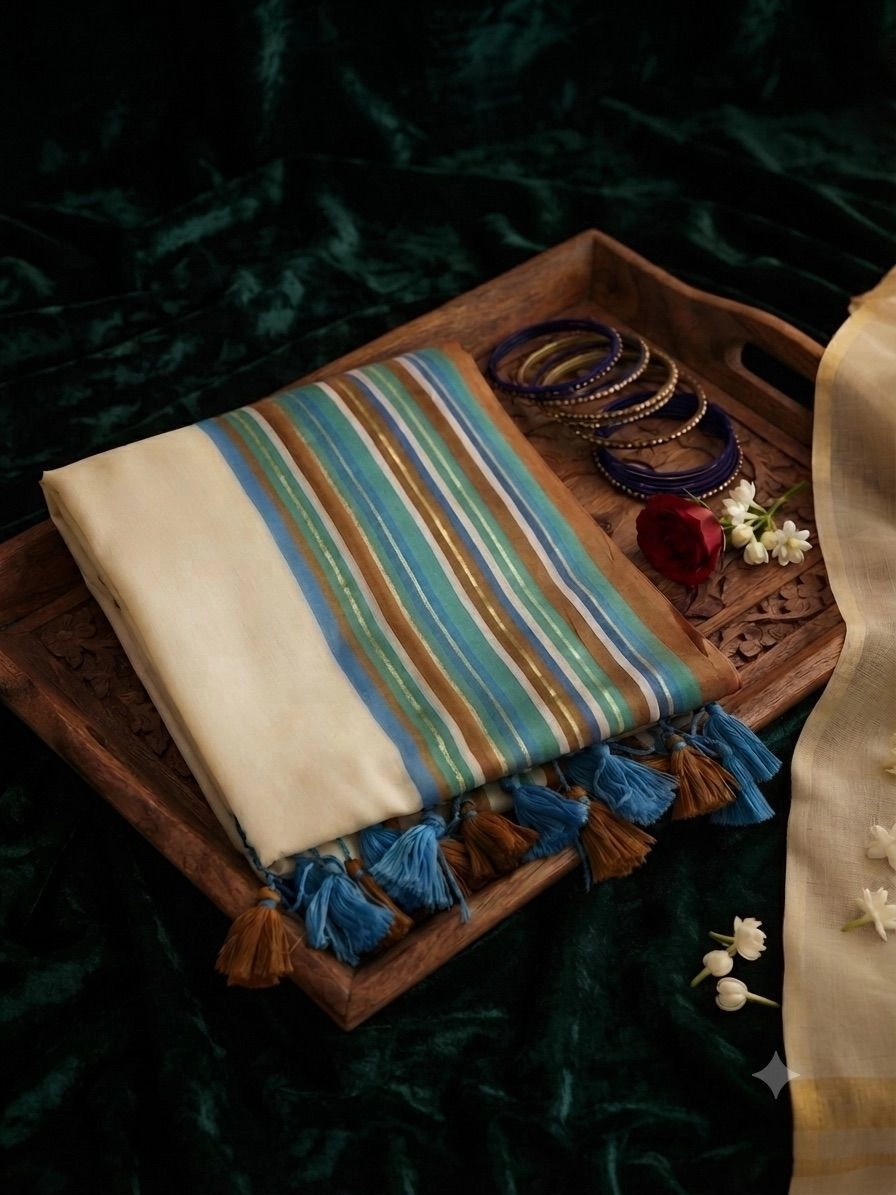 Sky Blue Striped Mulcotton Kerala Saree with Tassels ⭐ 3