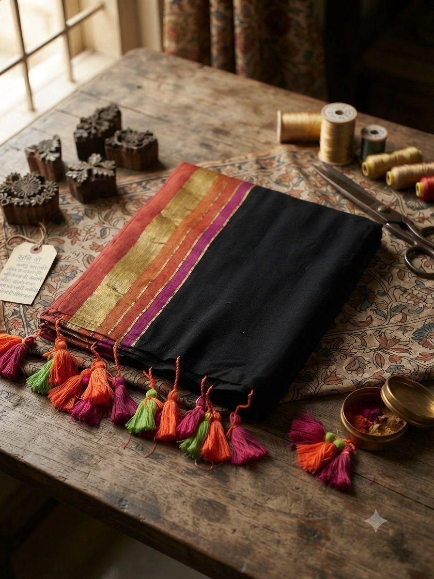 Black Mulcotton Kerala Saree with Zari Border
