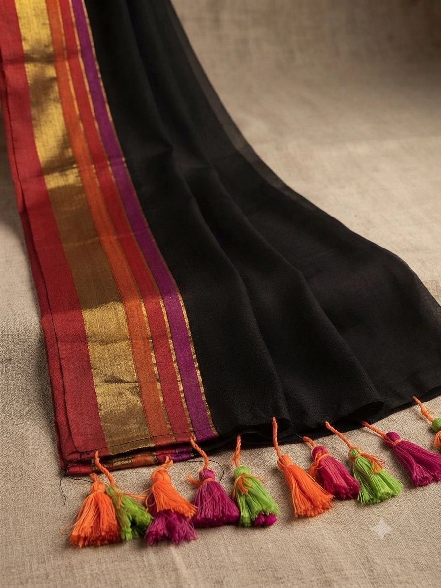 Black Mulcotton Kerala Saree with Zari Border