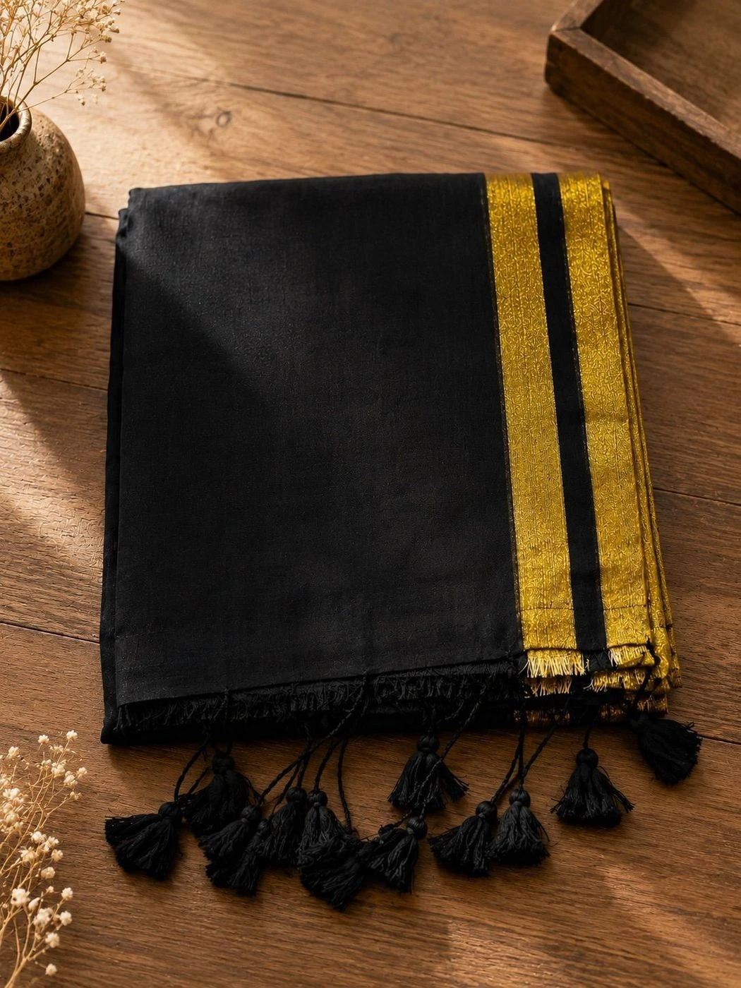 Black Mulcotton saree with Golden Kara 1