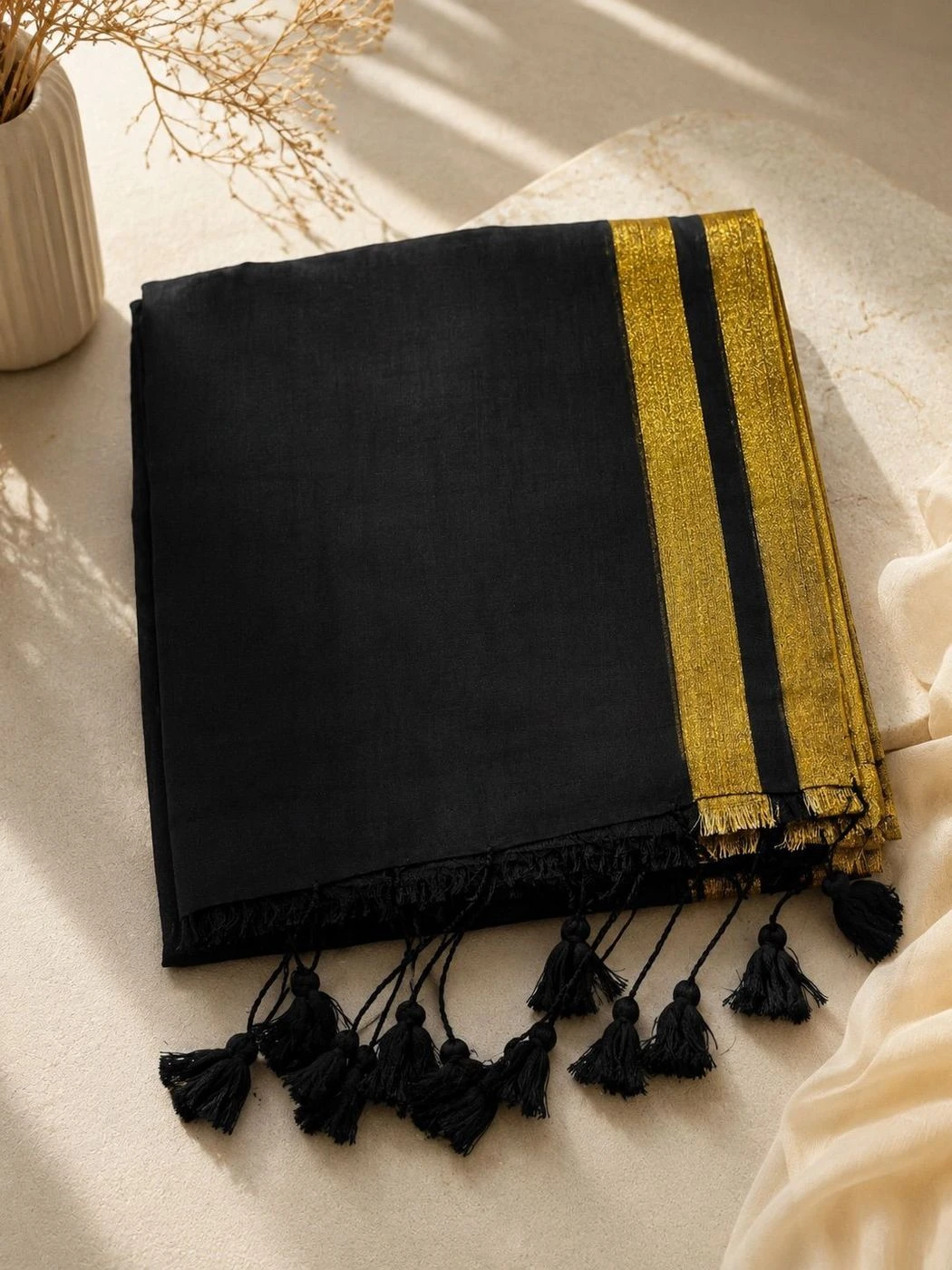 Black Mulcotton saree with Golden Kara 2
