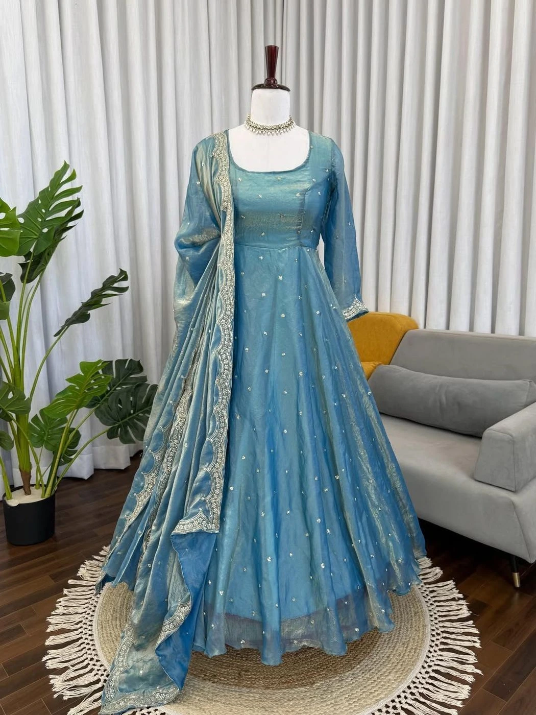 Blue Fendy Silk Anarkali Suit Set