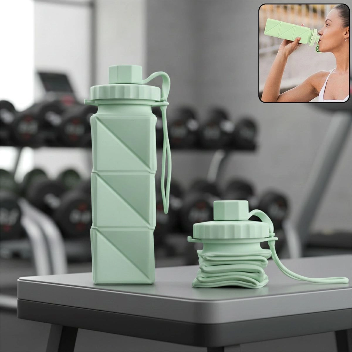 Silicone Folding Water Bottle 600ML for Travel, Gym, Office, School – Food Grade, Leakproof, Lightweight & Reusable | Portable Collapsible Bottle for Men & Women (Green)