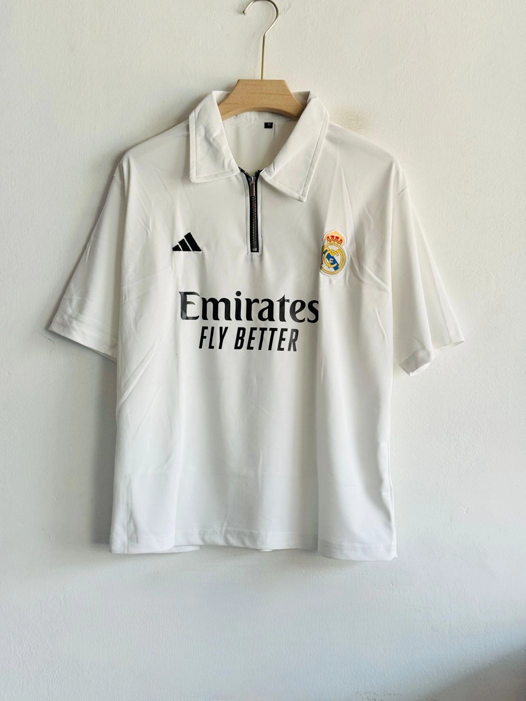 Real Madrid White Polo T-Shirt – Half Sleeve Embroidered Zip Collar (Premium Mars Fabric)