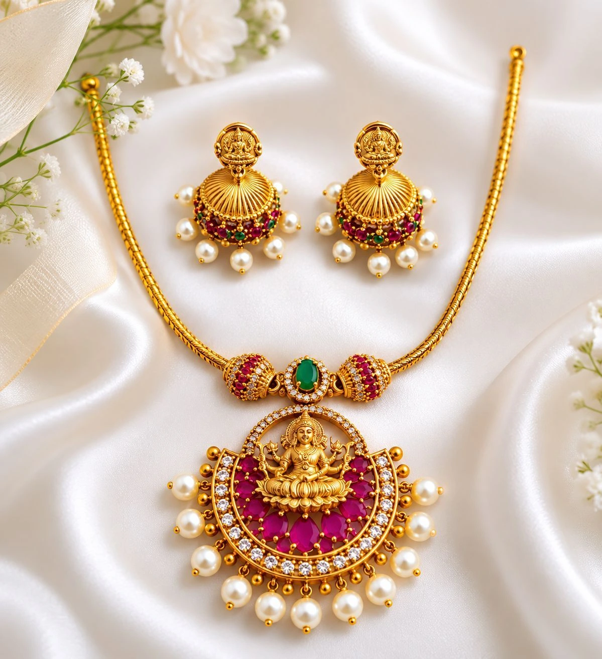 Premium Lakshmi ruby necklace set