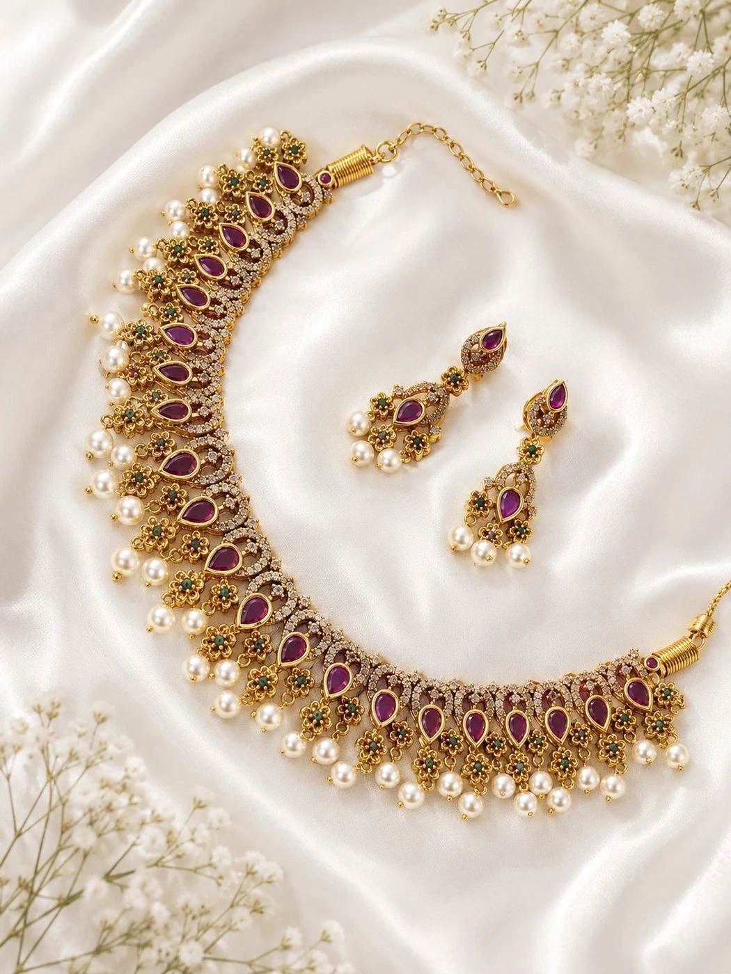 Ruby pearl necklace set