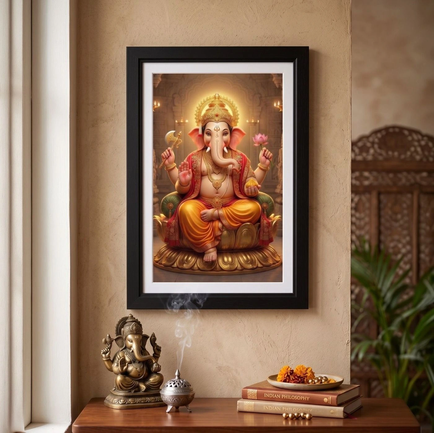 Premium Divine Aura Seated Ganesha on Golden Lotus Throne - 18x12 Framed Photo Print with Mat Lamination 2