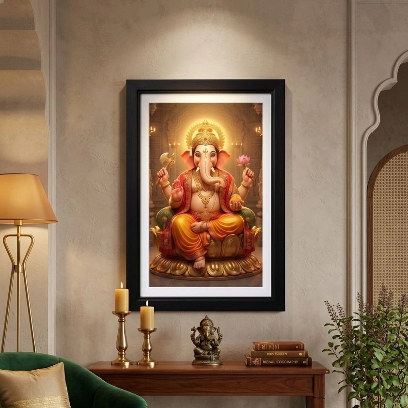 Premium Divine Aura Seated Ganesha on Golden Lotus Throne - 18x12 Framed Photo Print with Mat Lamination 3