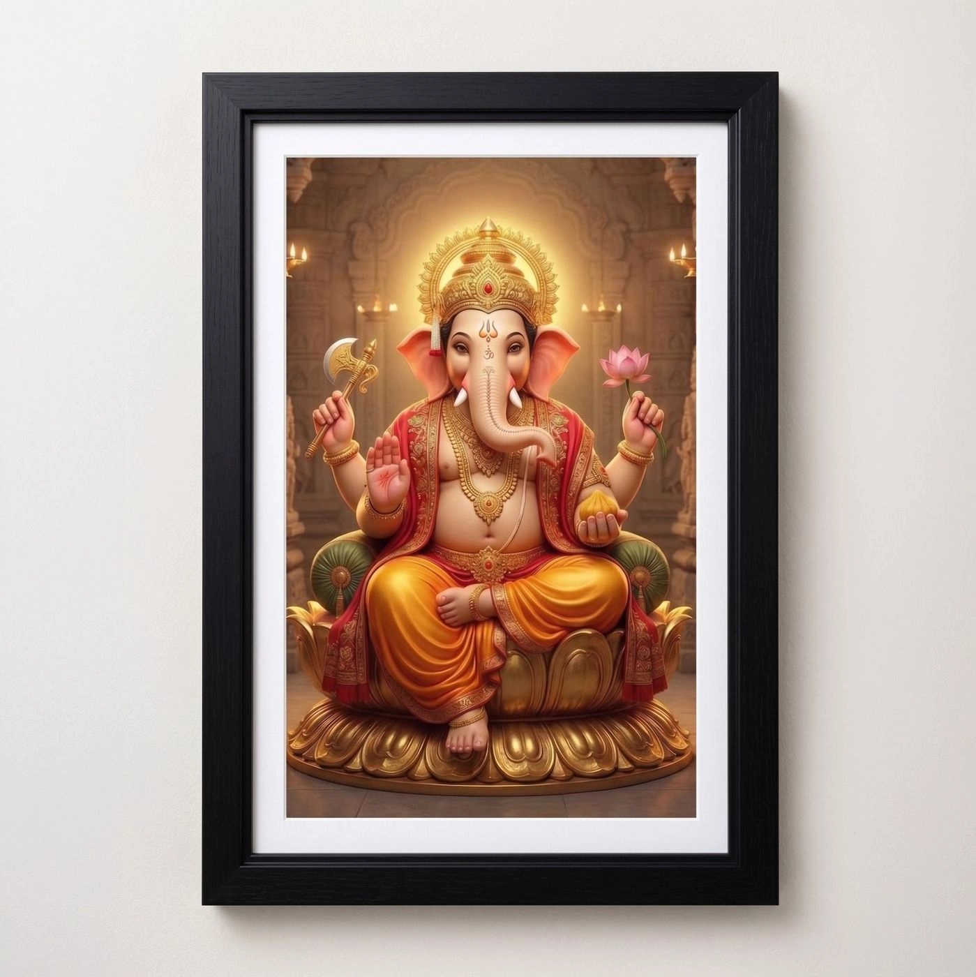 Premium Divine Aura Seated Ganesha on Golden Lotus Throne - 18x12 Framed Photo Print with Mat Lamination