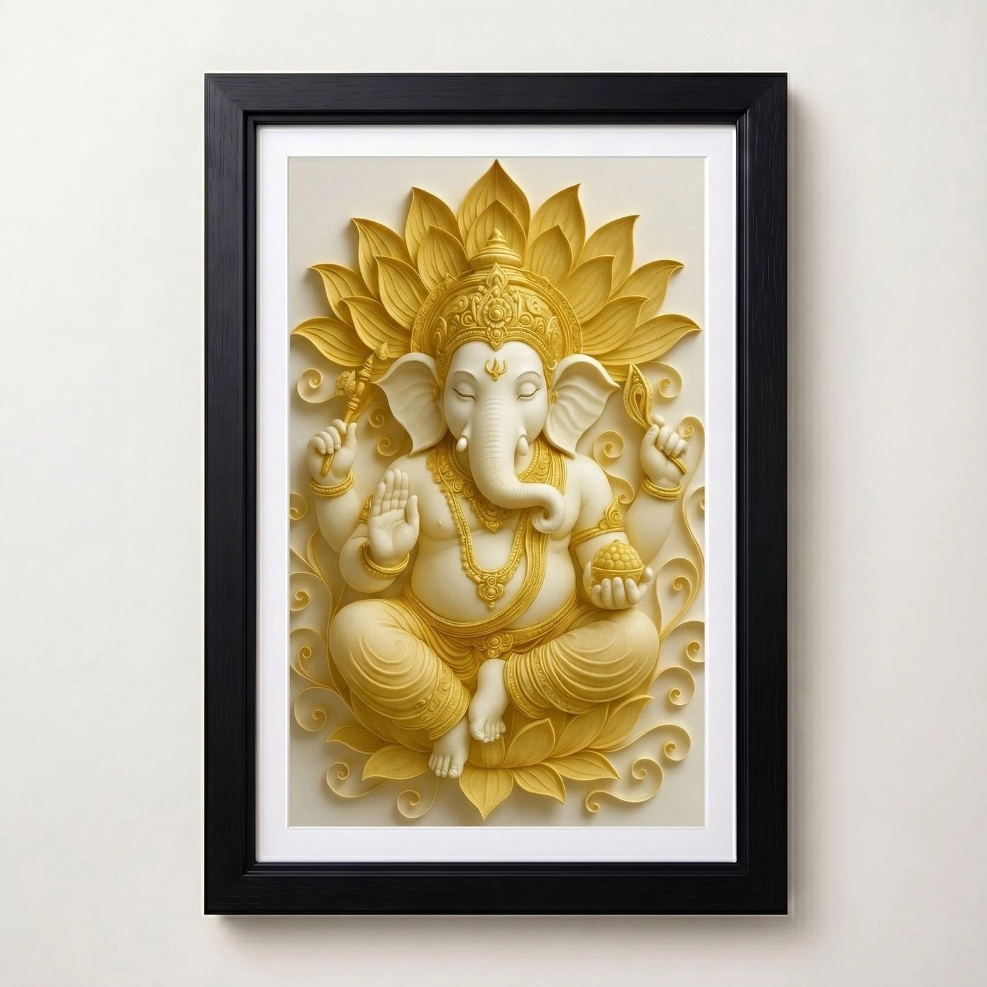 Exquisite Golden Ganesha Lotus Relief Framed Artwork 18x12 inch