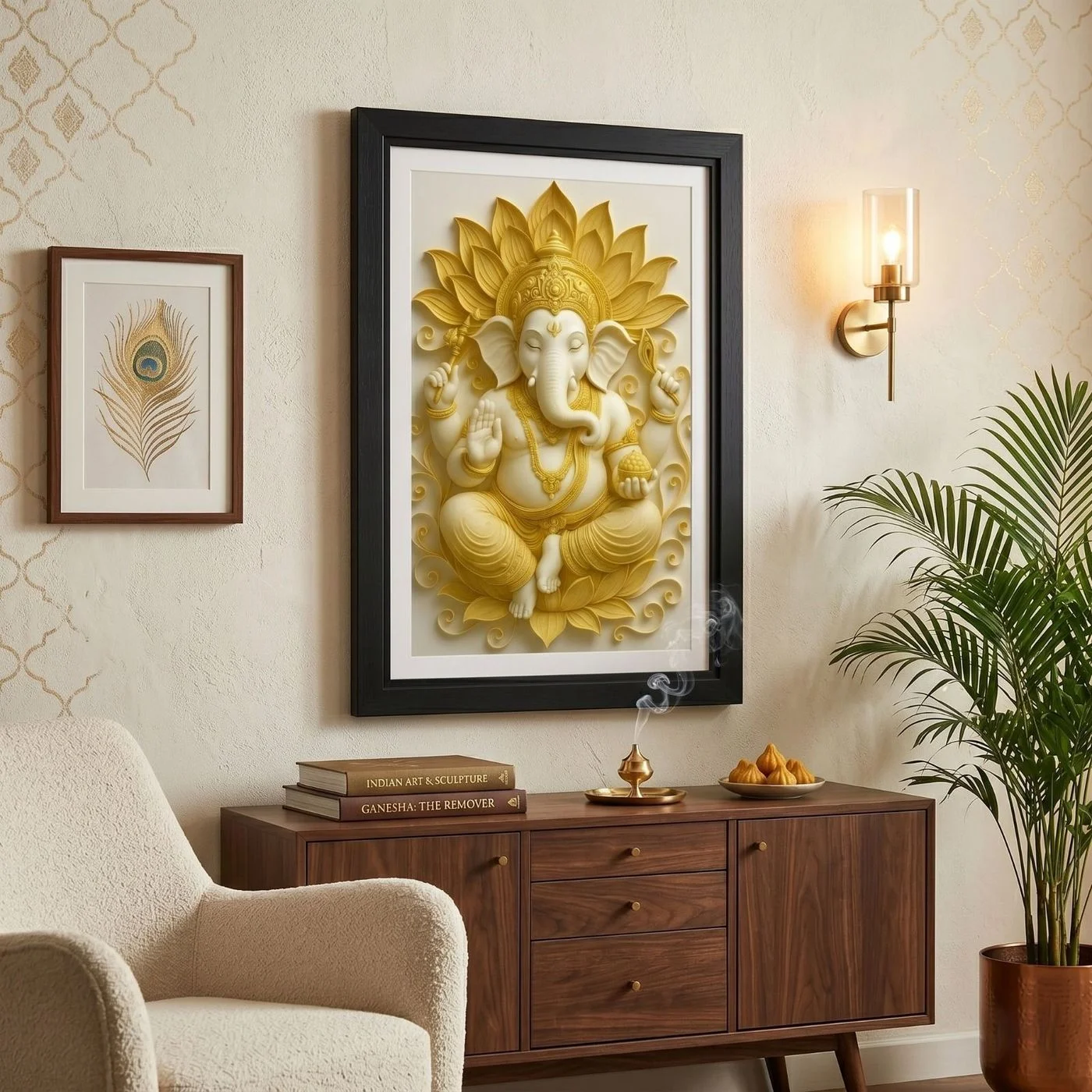 Exquisite Golden Ganesha Lotus Relief Framed Artwork 18x12 inch 2