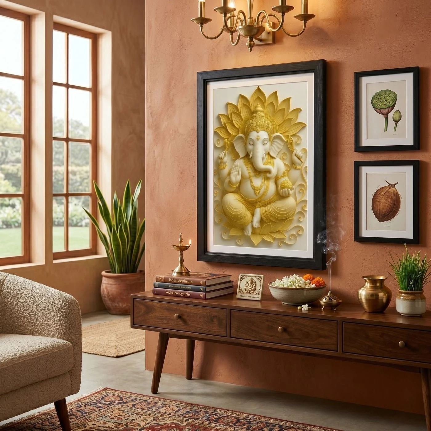 Exquisite Golden Ganesha Lotus Relief Framed Artwork 18x12 inch 3
