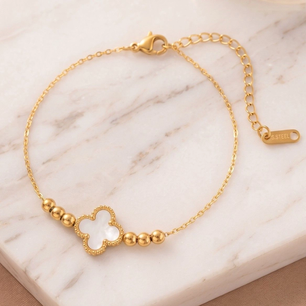 Anti Tarnish Stainless Steel White Clover Themed Wraparound Bracelet 1