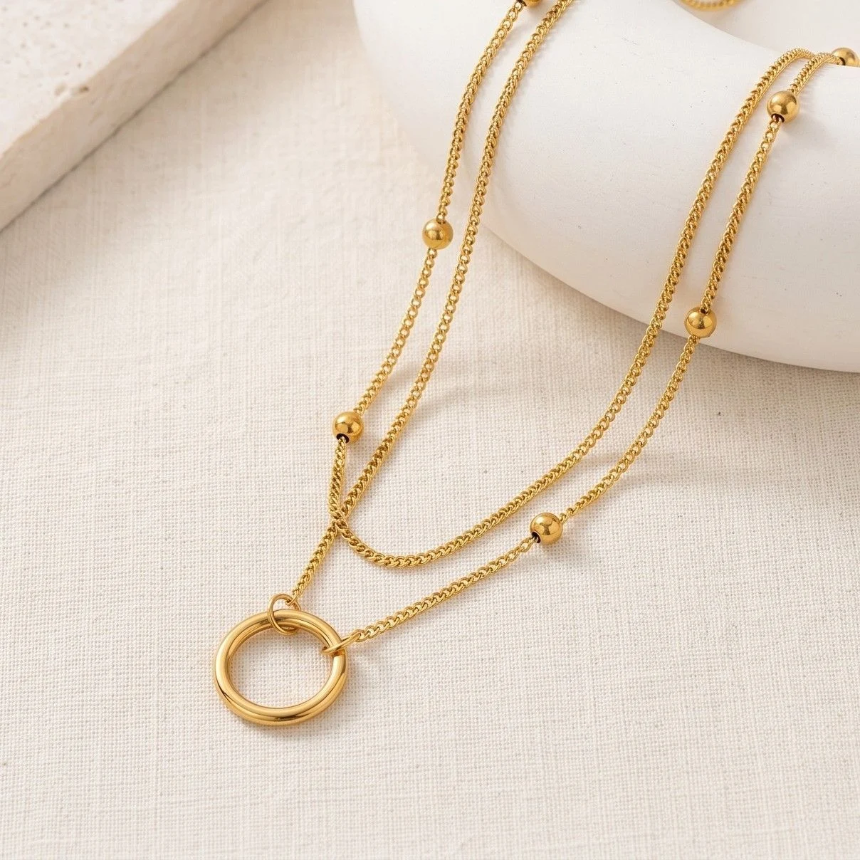 Anti Tarnish Stainless Steel Dual Layered Chain Hoop Pendant Necklace 1