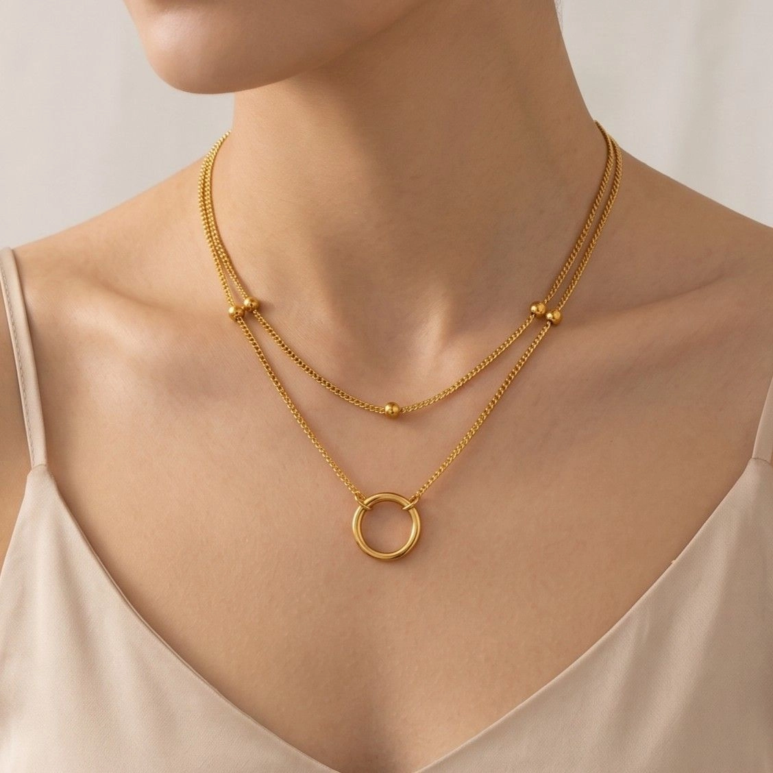 Anti Tarnish Stainless Steel Dual Layered Chain Hoop Pendant Necklace 2
