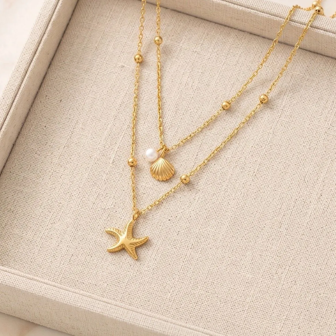 Anti Tarnish Stainless Steel Starfish Shell Pearl Themed Pendant Necklace