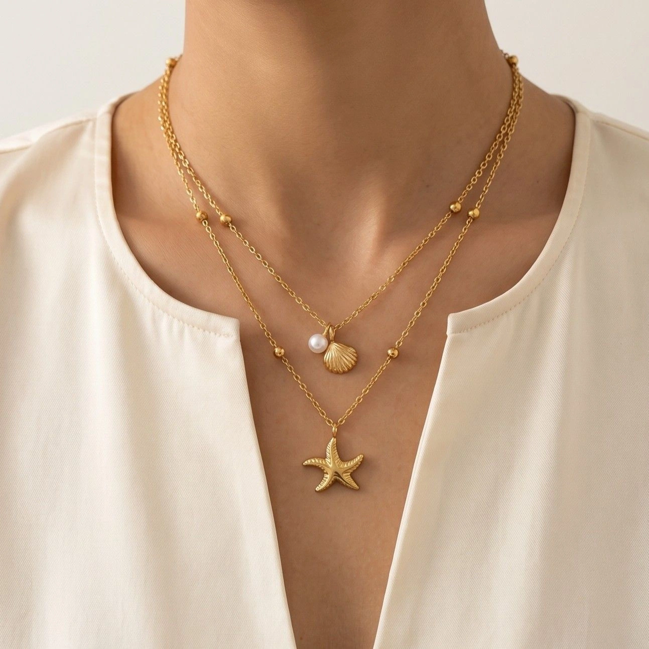Anti Tarnish Stainless Steel Starfish Shell Pearl Themed Pendant Necklace
