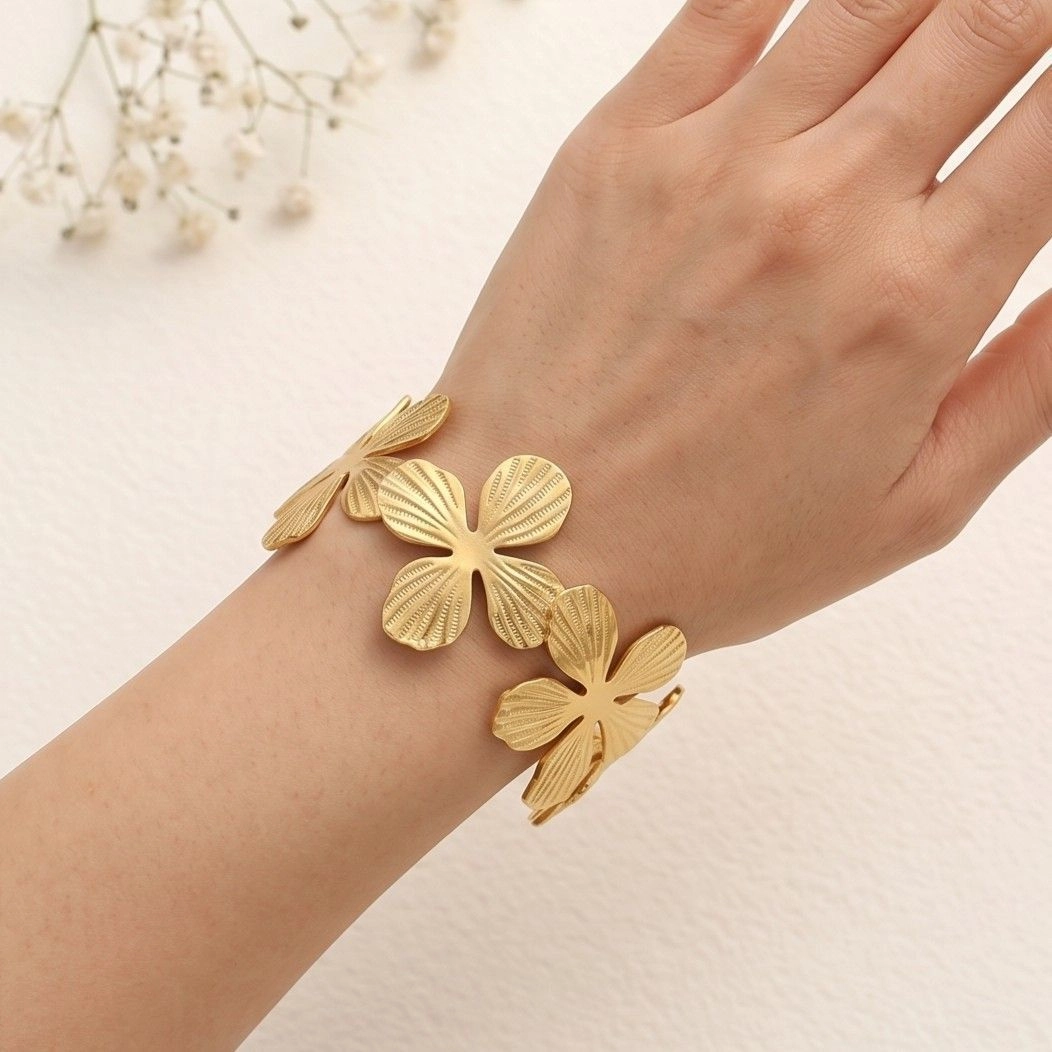 Anti Tarnish Stainless Steel Floral Themed Cuff Bangle 2